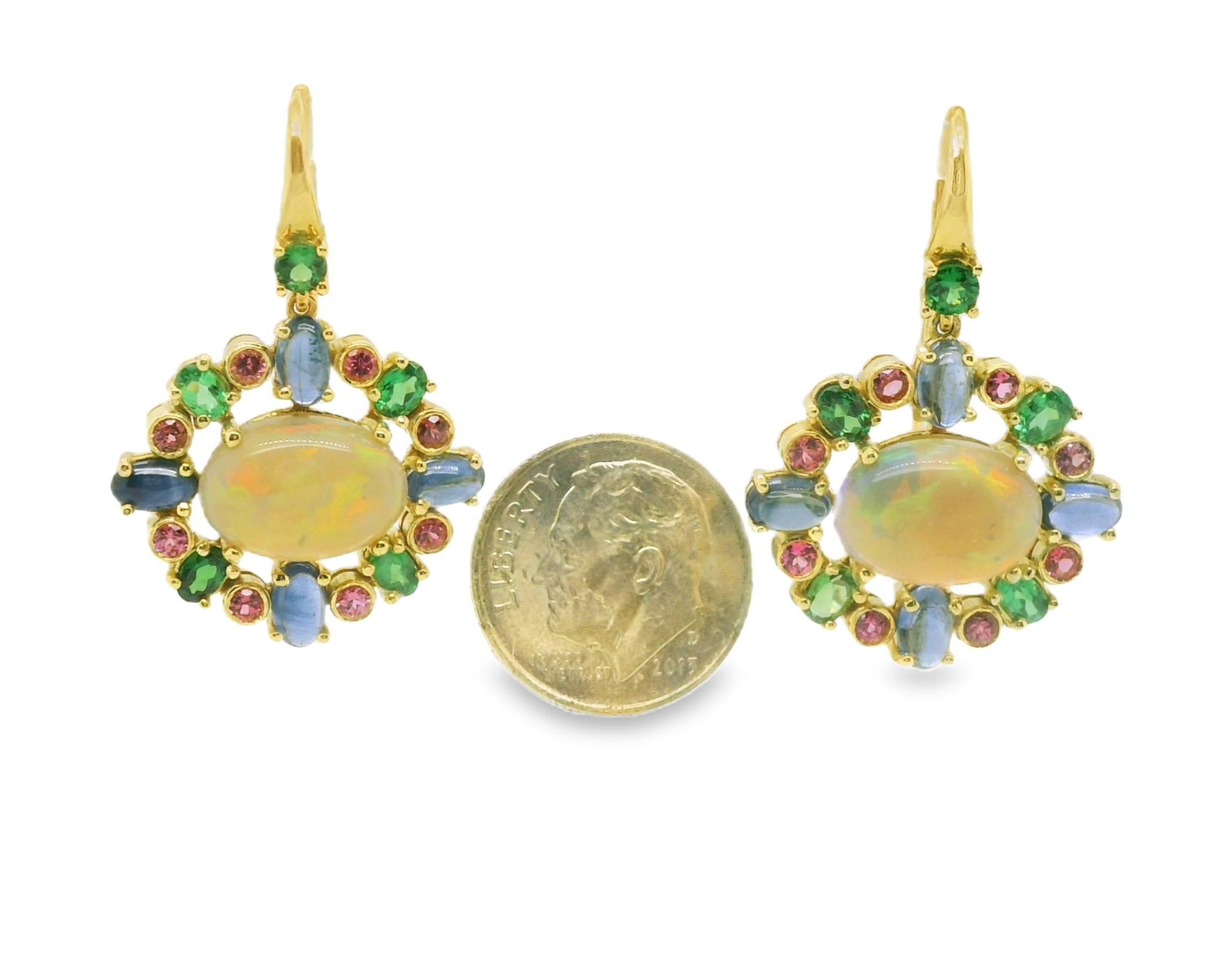 Opal, Tsavorite Garnet, Pink Spinel, Blue Sapphire Yellow Gold Dangle Earrings In New Condition For Sale In Los Angeles, CA
