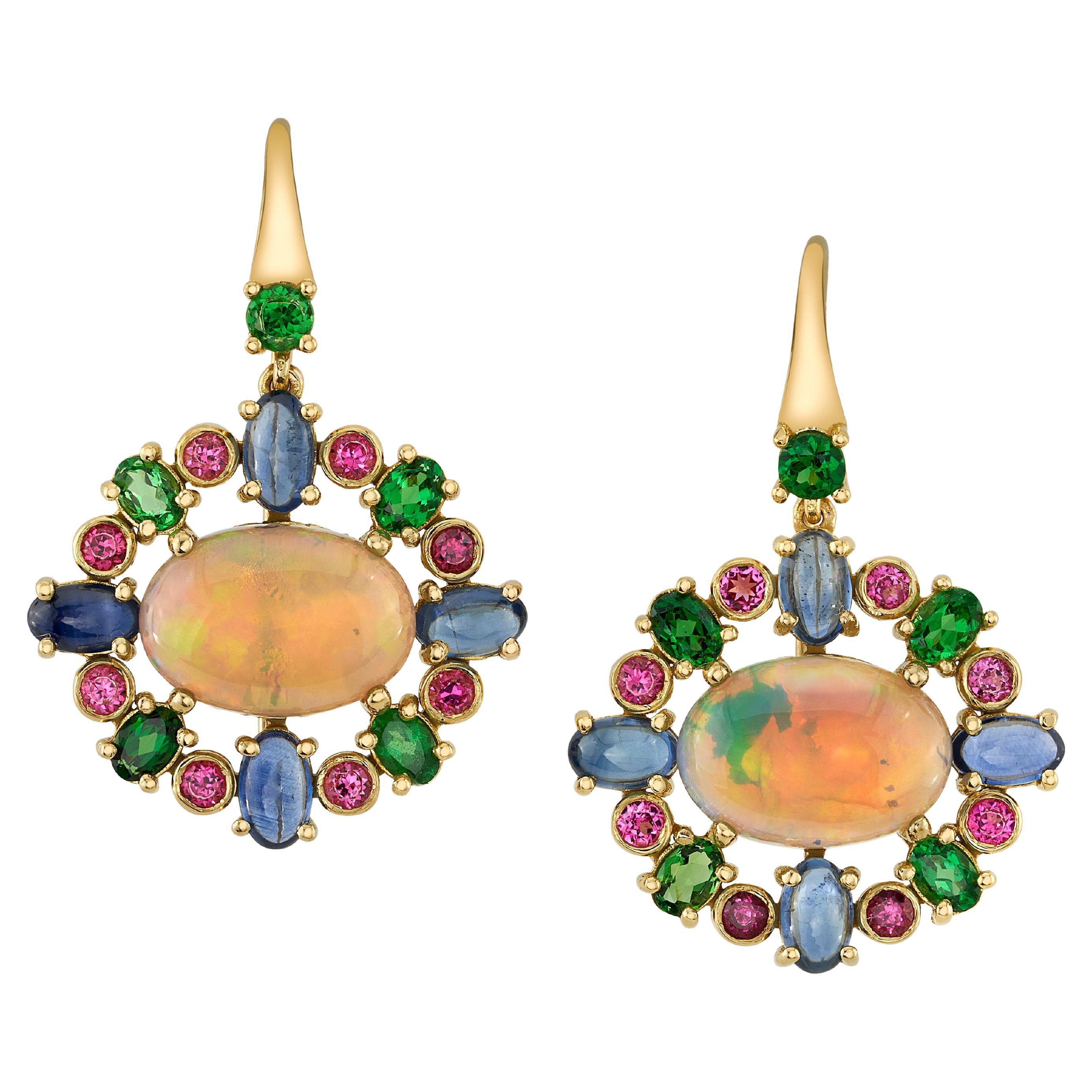 Opal, Tsavorite, Pink Spinel, and Blue Sapphire Dangle Earrings in Yellow Gold For Sale