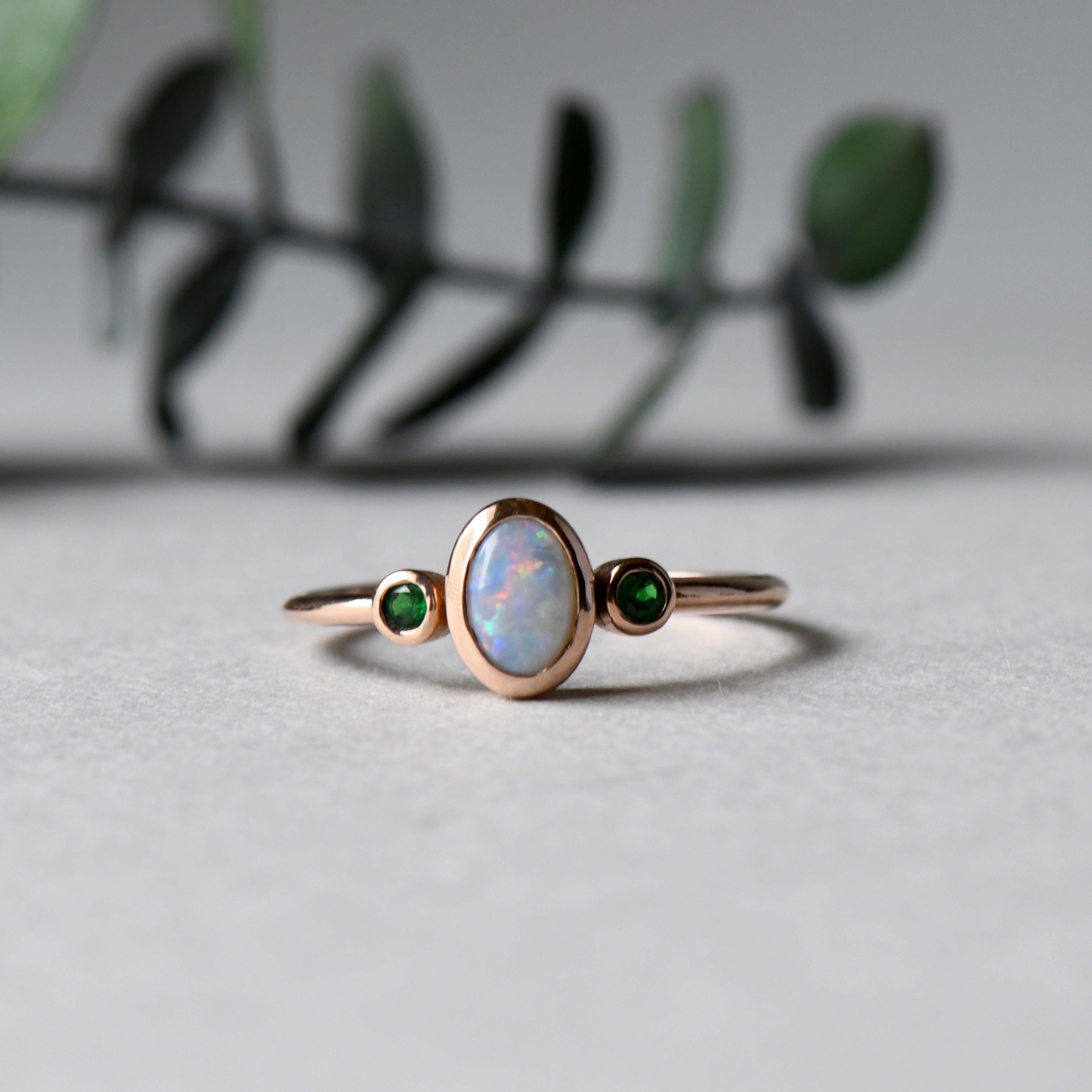 For Sale:  Opal Tsavorite Garnet Three Stone Ring 3