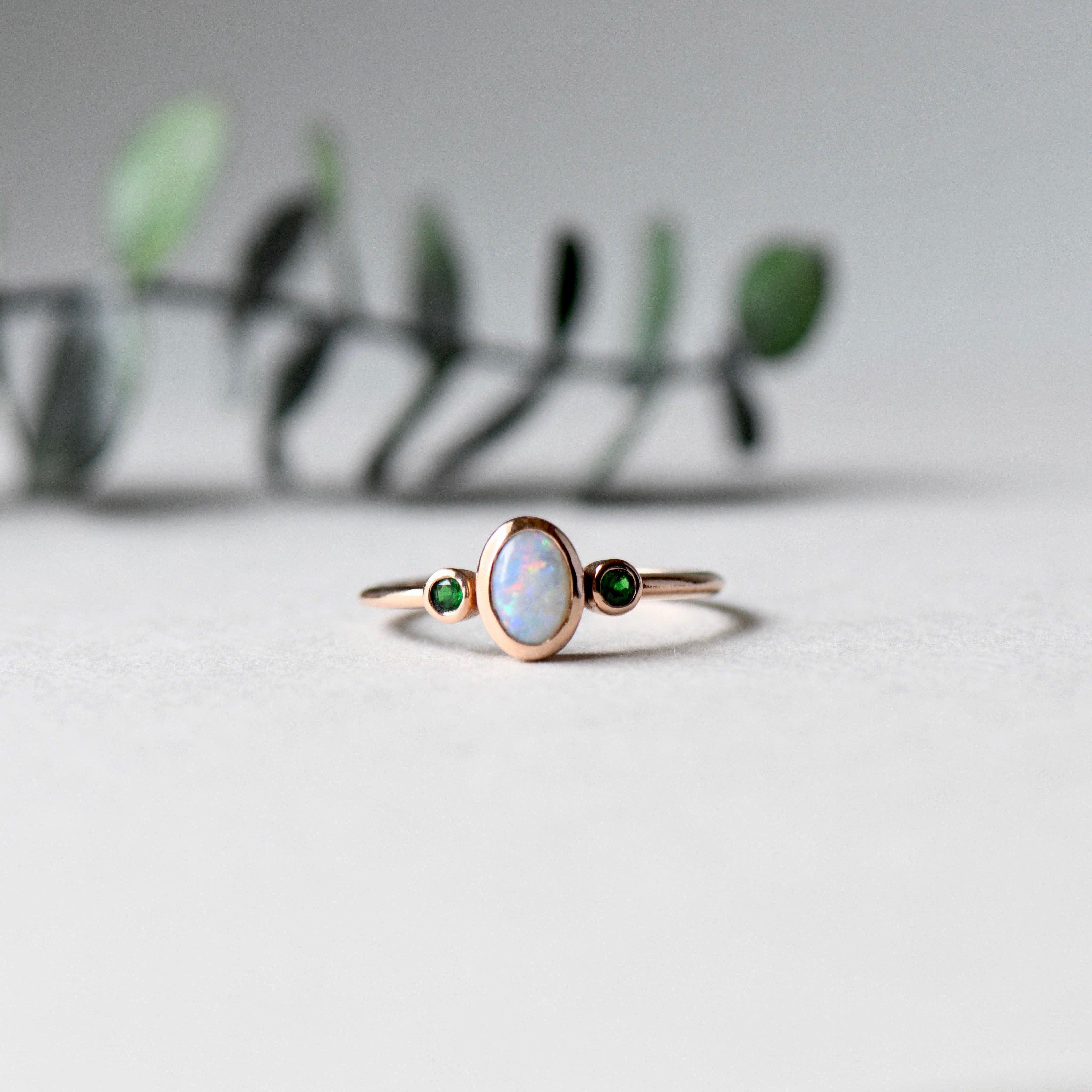 For Sale:  Opal Tsavorite Garnet Three Stone Ring 4