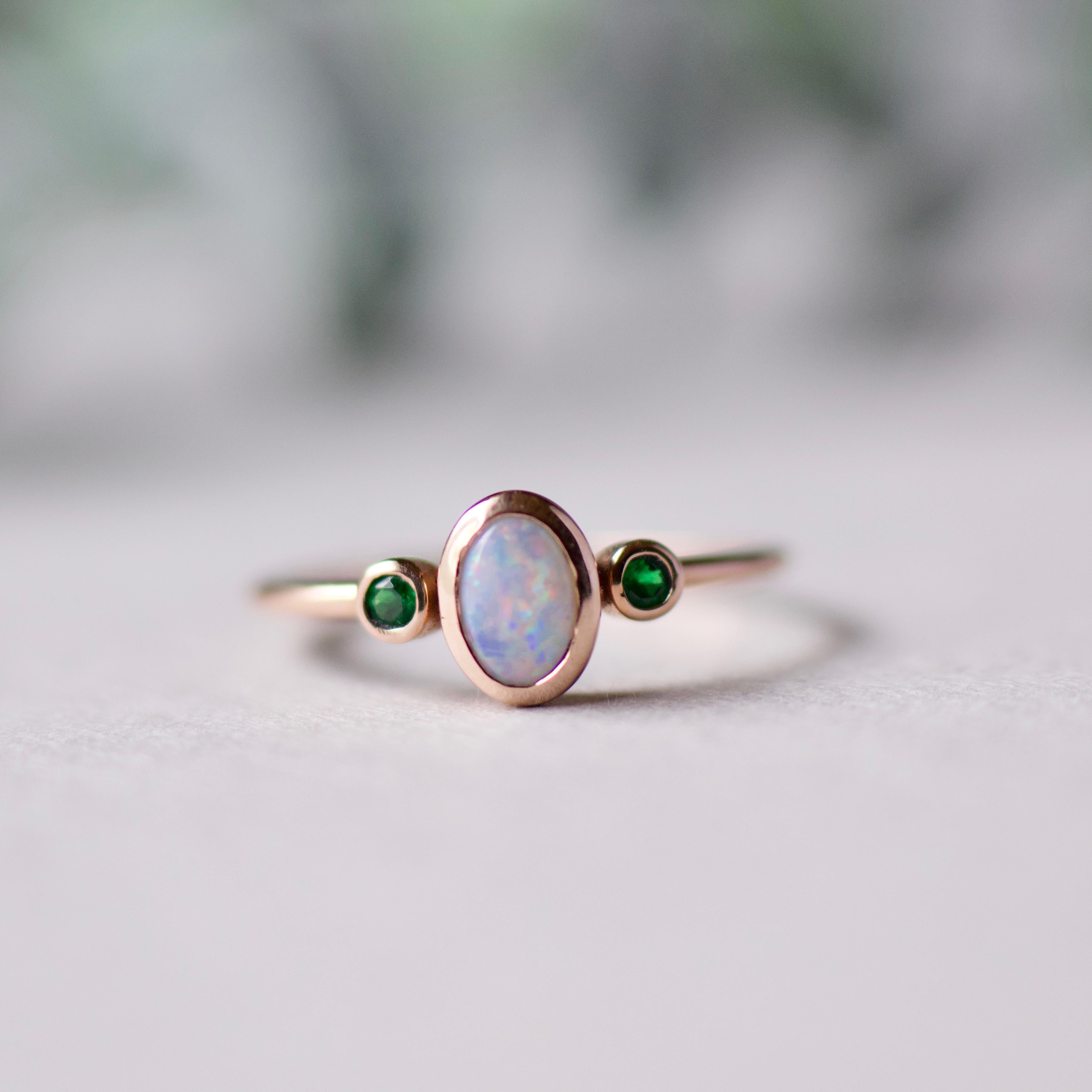 Contemporary Opal Tsavorite Garnet Three Stone Ring For Sale