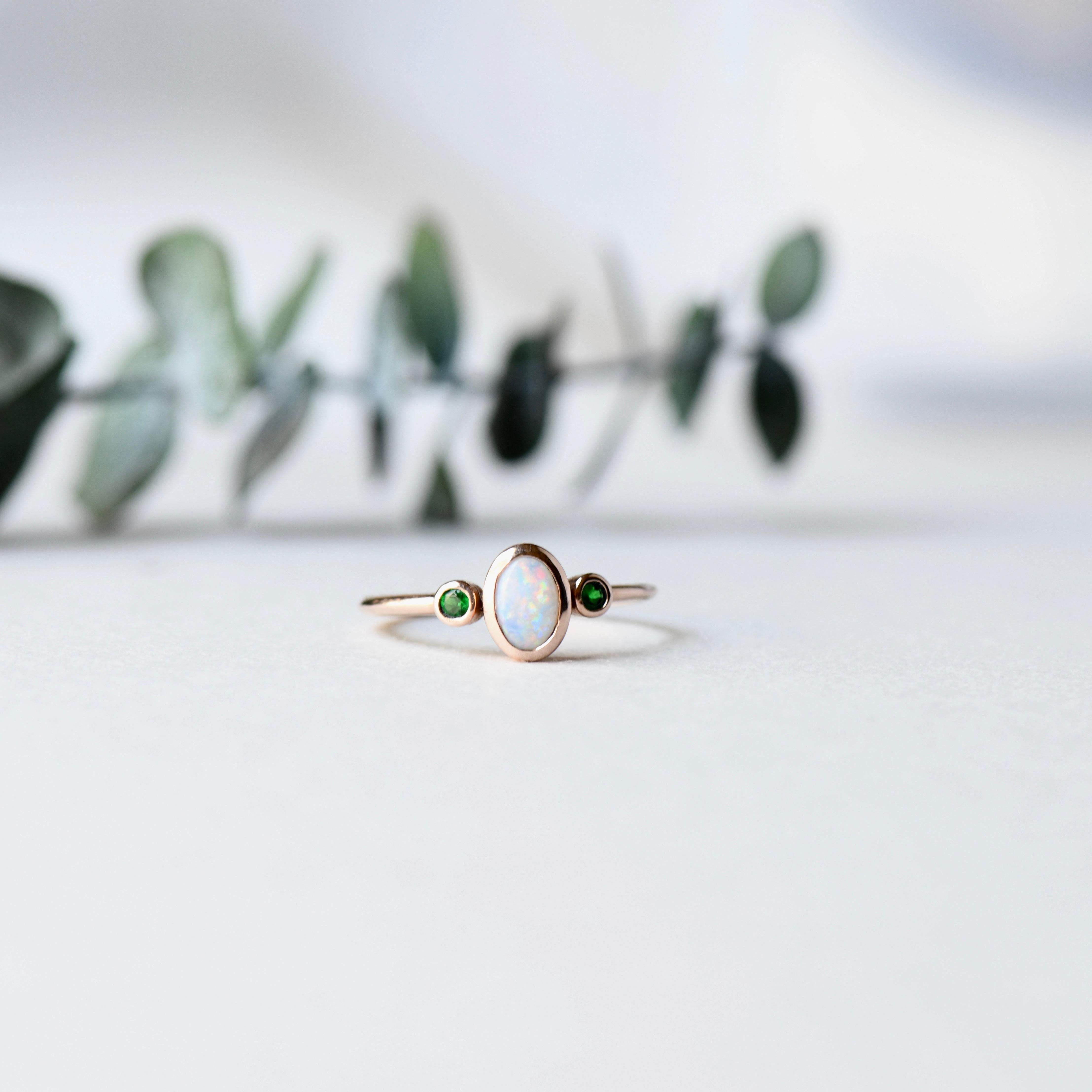 Oval Cut Opal Tsavorite Garnet Three Stone Ring For Sale