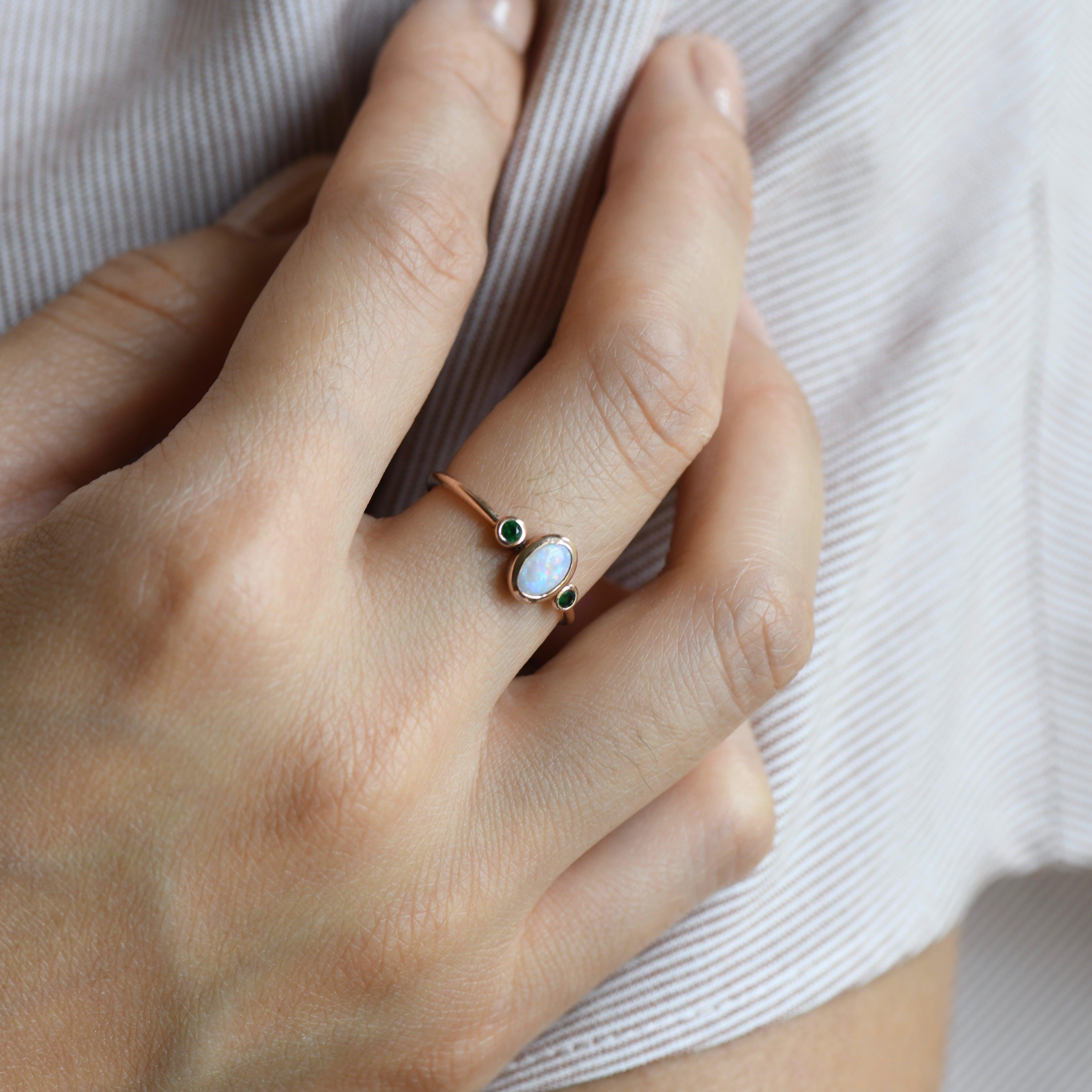 For Sale:  Opal Tsavorite Garnet Three Stone Ring 8