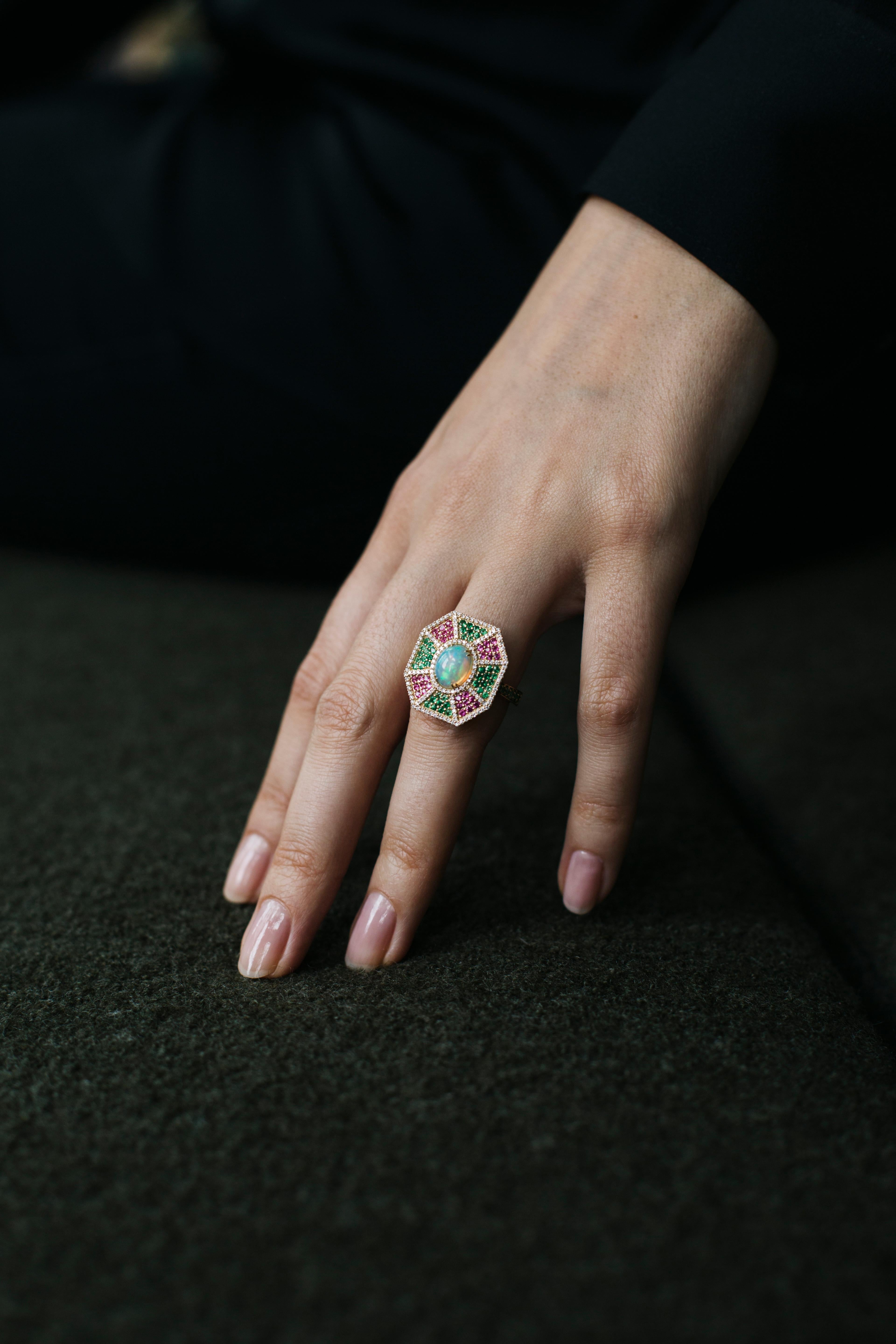 Hexagon Cut Goshwara Opal, Tsavorite, Pink Sapphire And Diamond Ring For Sale