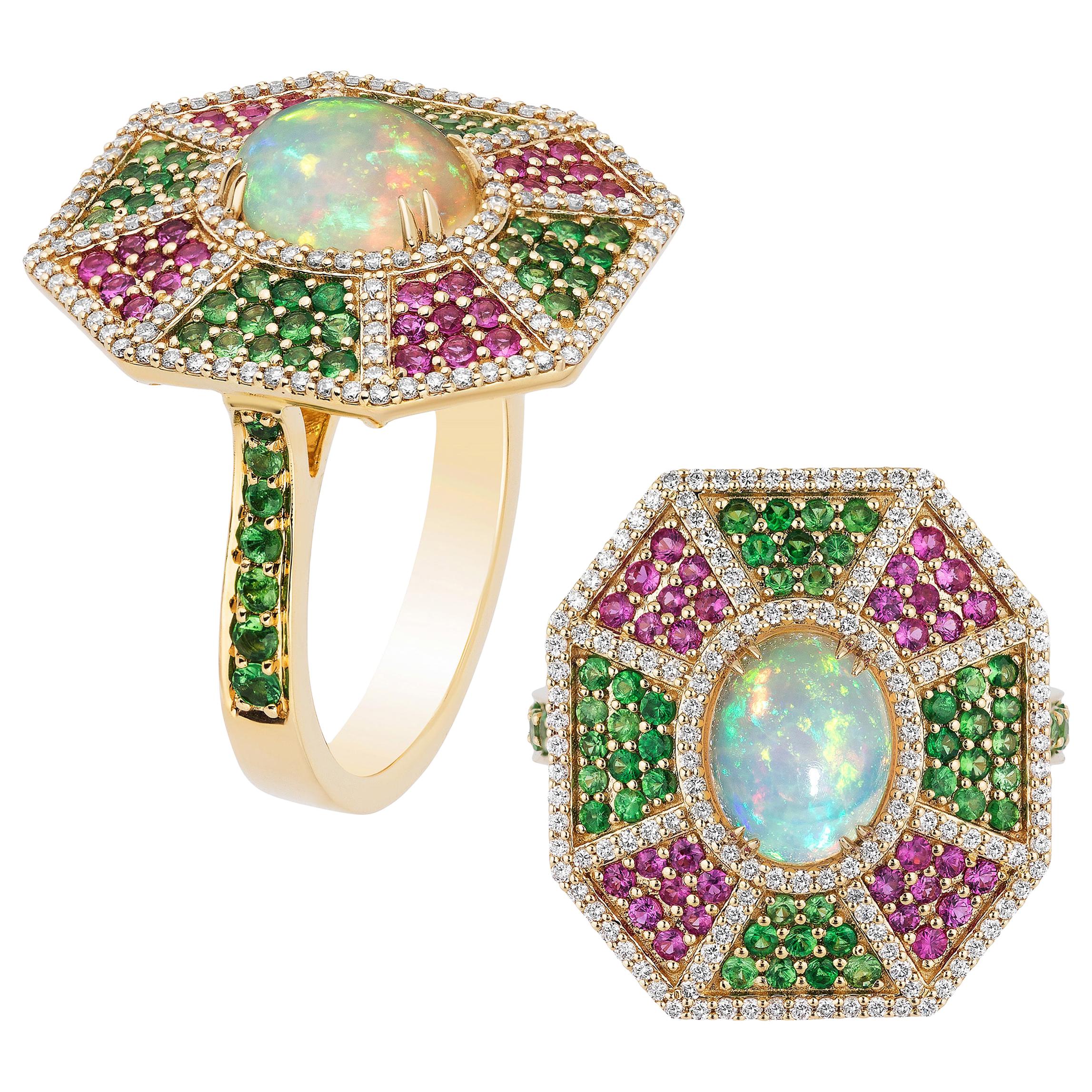 Ring aus Goshwara-Opal, Tsavorit, rosa Saphir und Diamant
