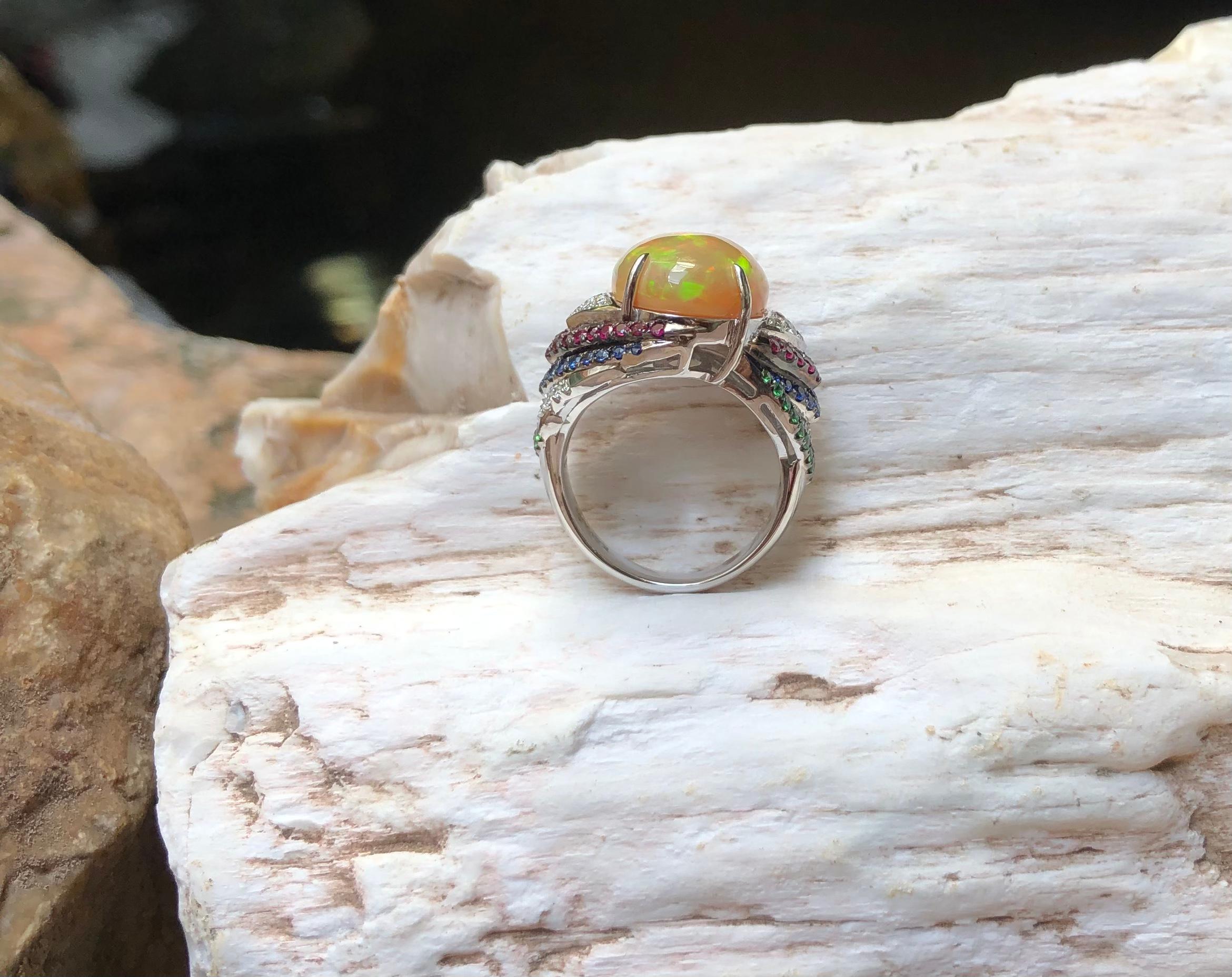 Opal, Tsavorite, Ruby, Blue Sapphire and Diamond Ring in 18 Karat White Gold For Sale 4