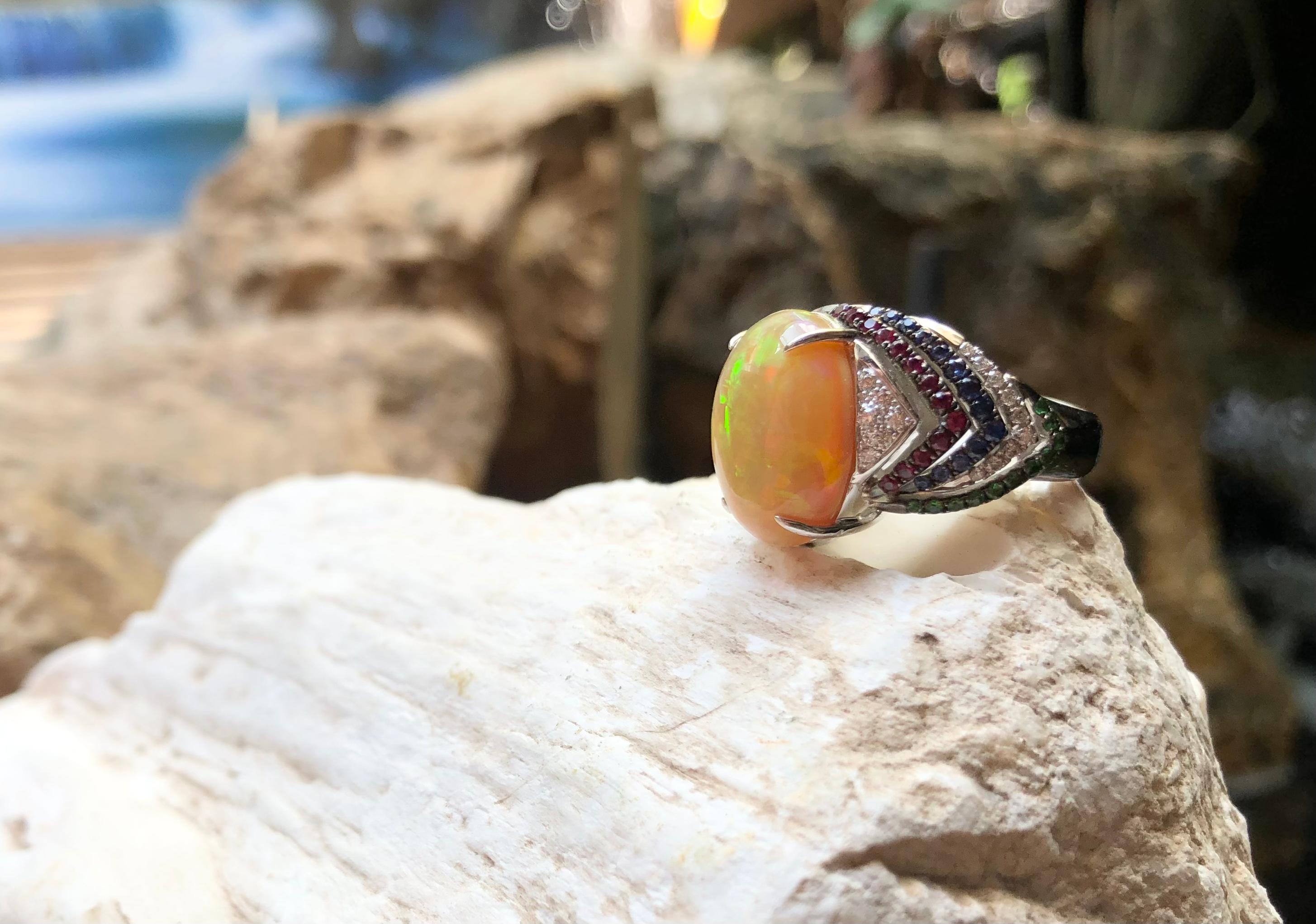 Opal, Tsavorite, Ruby, Blue Sapphire and Diamond Ring in 18 Karat White Gold For Sale 6