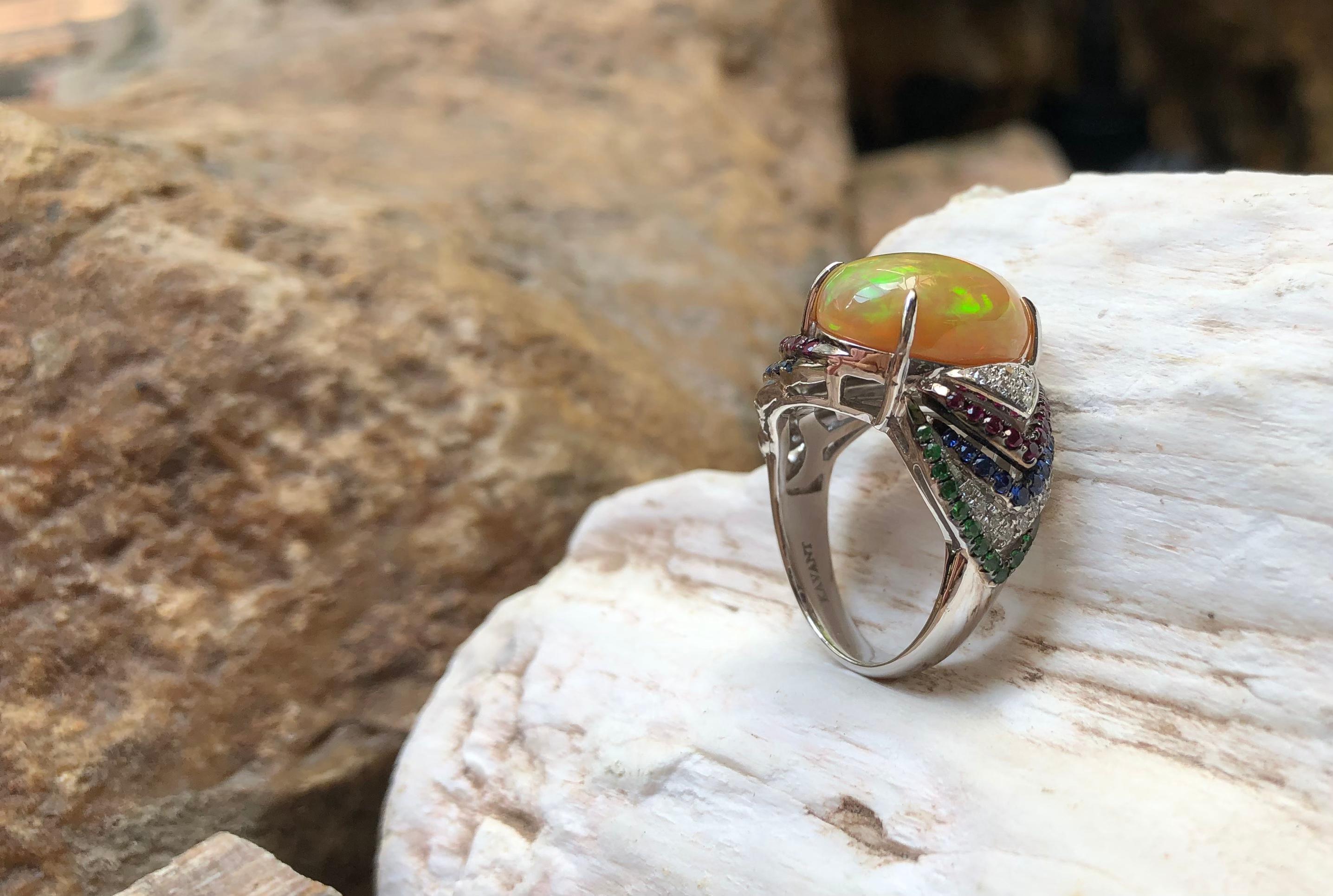 Opal, Tsavorite, Ruby, Blue Sapphire and Diamond Ring in 18 Karat White Gold For Sale 2