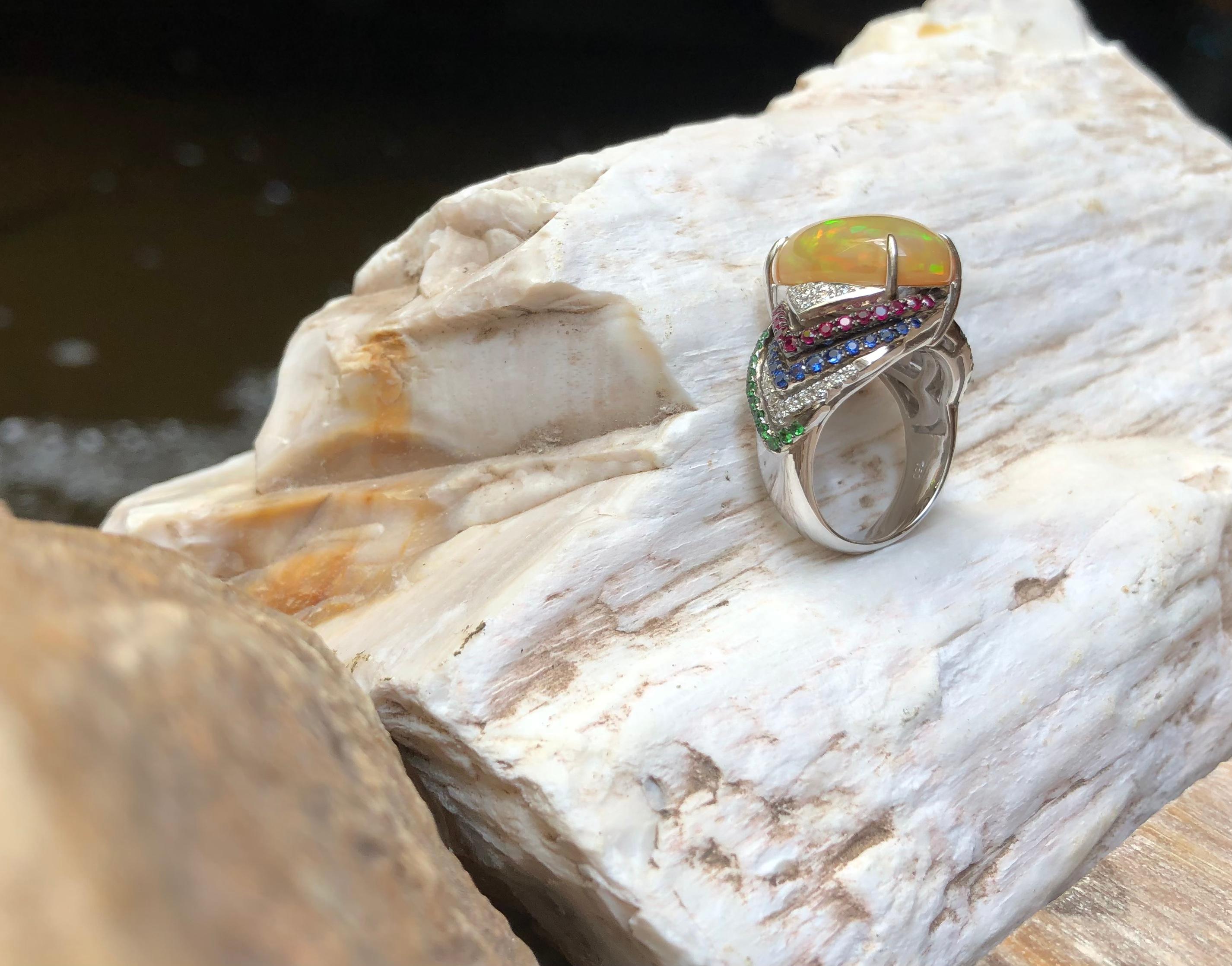 Opal, Tsavorite, Ruby, Blue Sapphire and Diamond Ring in 18 Karat White Gold For Sale 3