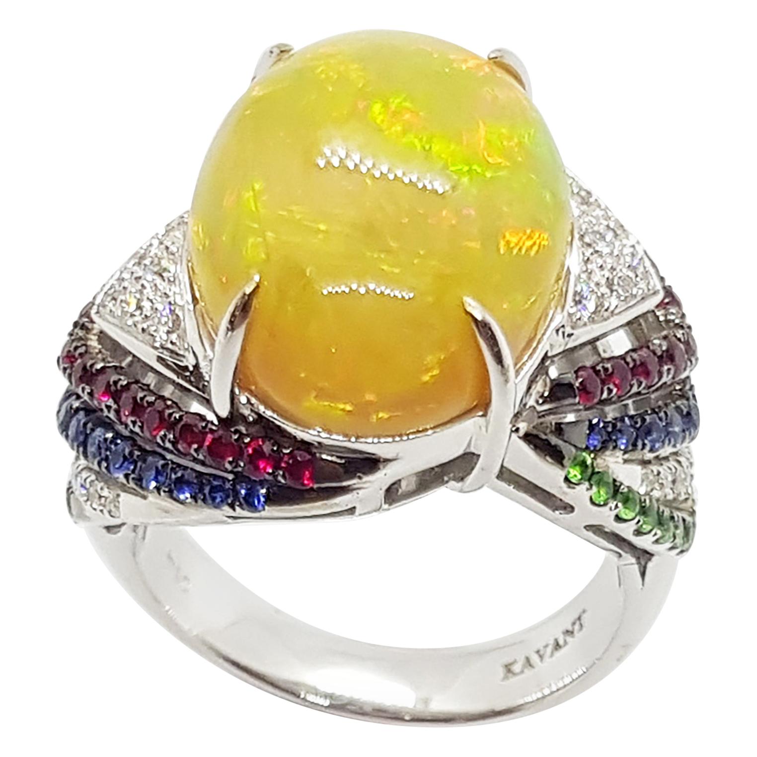Opal, Tsavorite, Ruby, Blue Sapphire and Diamond Ring in 18 Karat White Gold