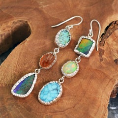 Opal, Turquoise and Amber Sterling Silver Asymmetrical Dangle Earrings