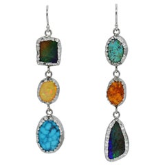 Opal, Turquoise and Amber Sterling Silver Asymmetrical Dangle Earrings