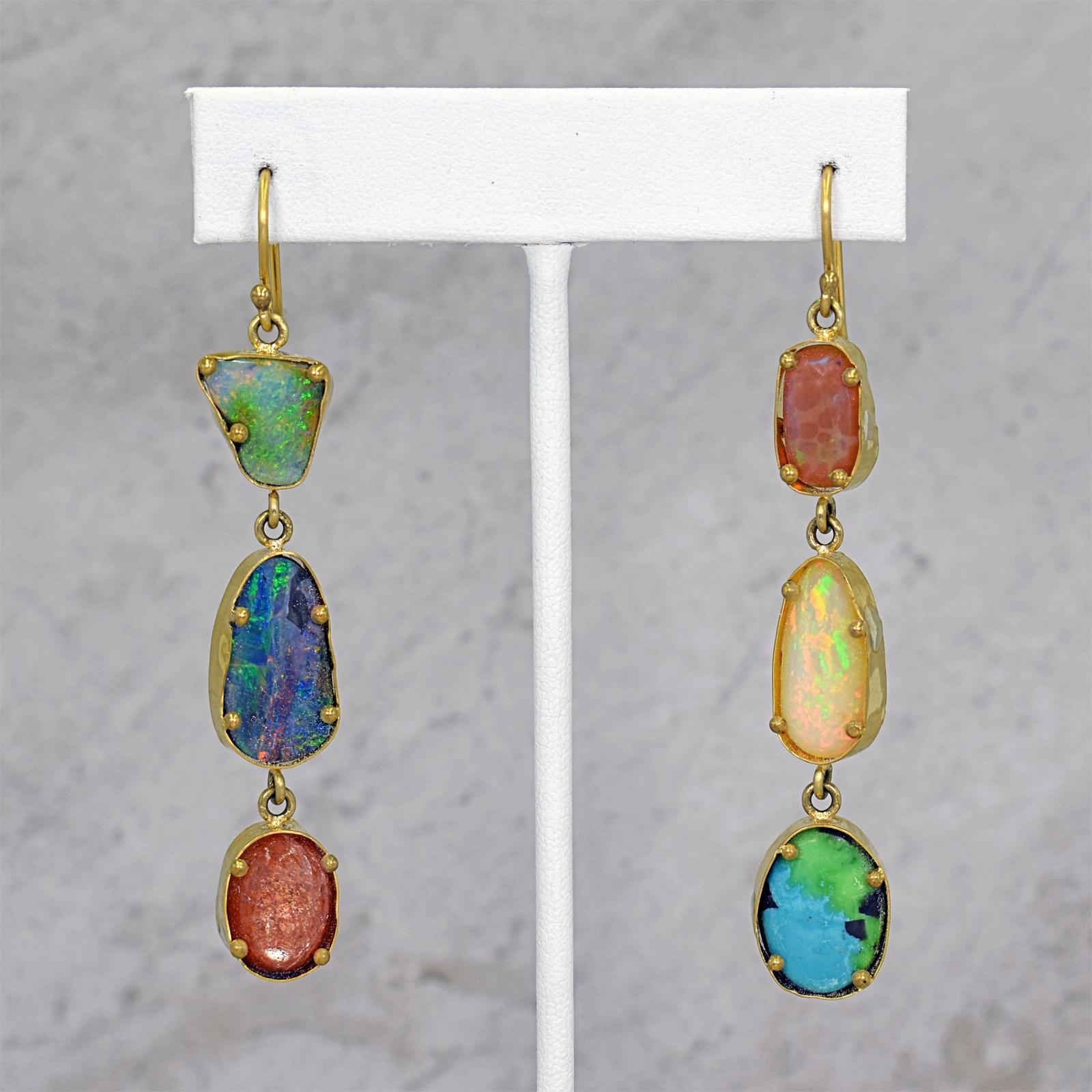Contemporary Opal, Turquoise and Sunstone 22-Karat Gold Asymmetrical Dangle Earrings
