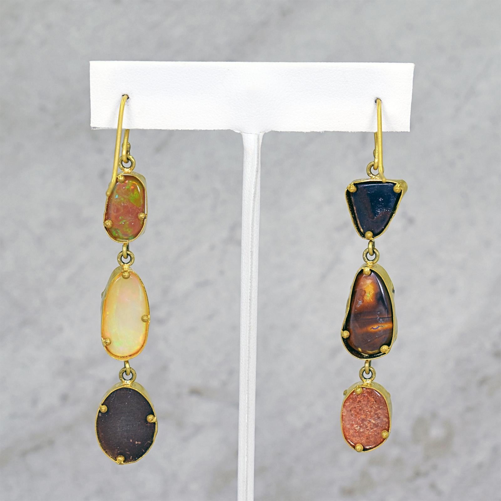Women's Opal, Turquoise and Sunstone 22-Karat Gold Asymmetrical Dangle Earrings