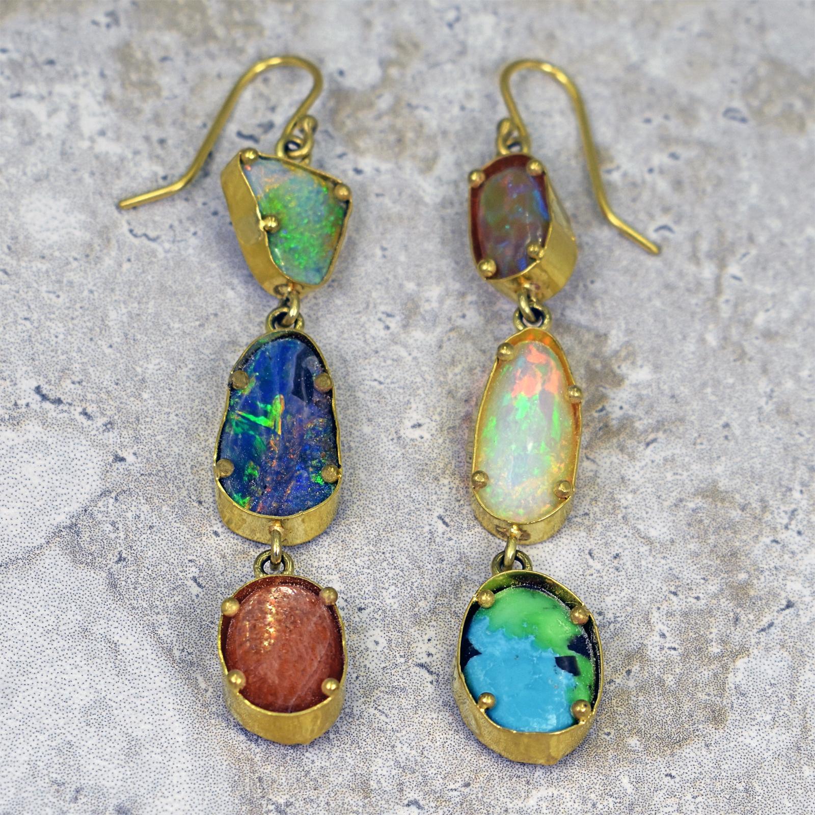 Opal, Turquoise and Sunstone 22-Karat Gold Asymmetrical Dangle Earrings 1