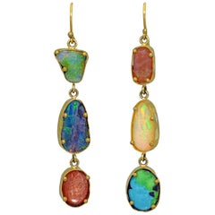 Opal, Turquoise and Sunstone 22-Karat Gold Asymmetrical Dangle Earrings