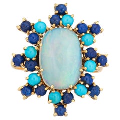 Opal Turquoise Lapis Lazuli Ring Retro 18k Gold Large Oval Cocktail Jewelry
