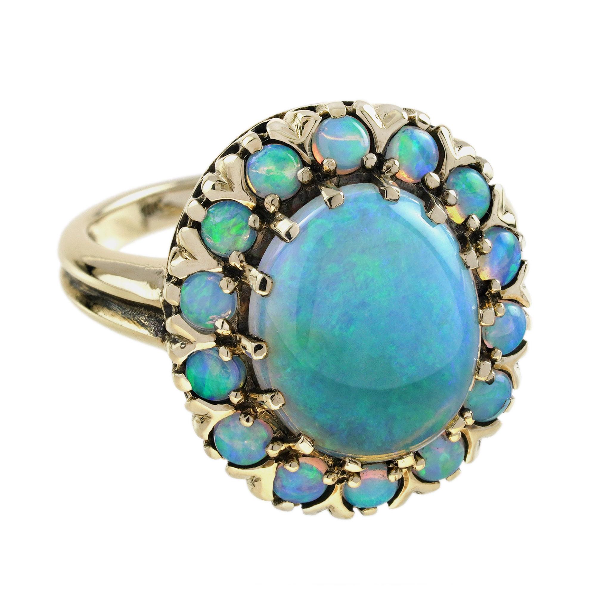 La bague cocktail de style Art déco en opale est une expression frappante de l'amour et du pouvoir. L'opale au centre symbolise la passion et la profondeur émotionnelle, ses couleurs vibrantes reflétant les nombreuses facettes de l'amour. Entourée
