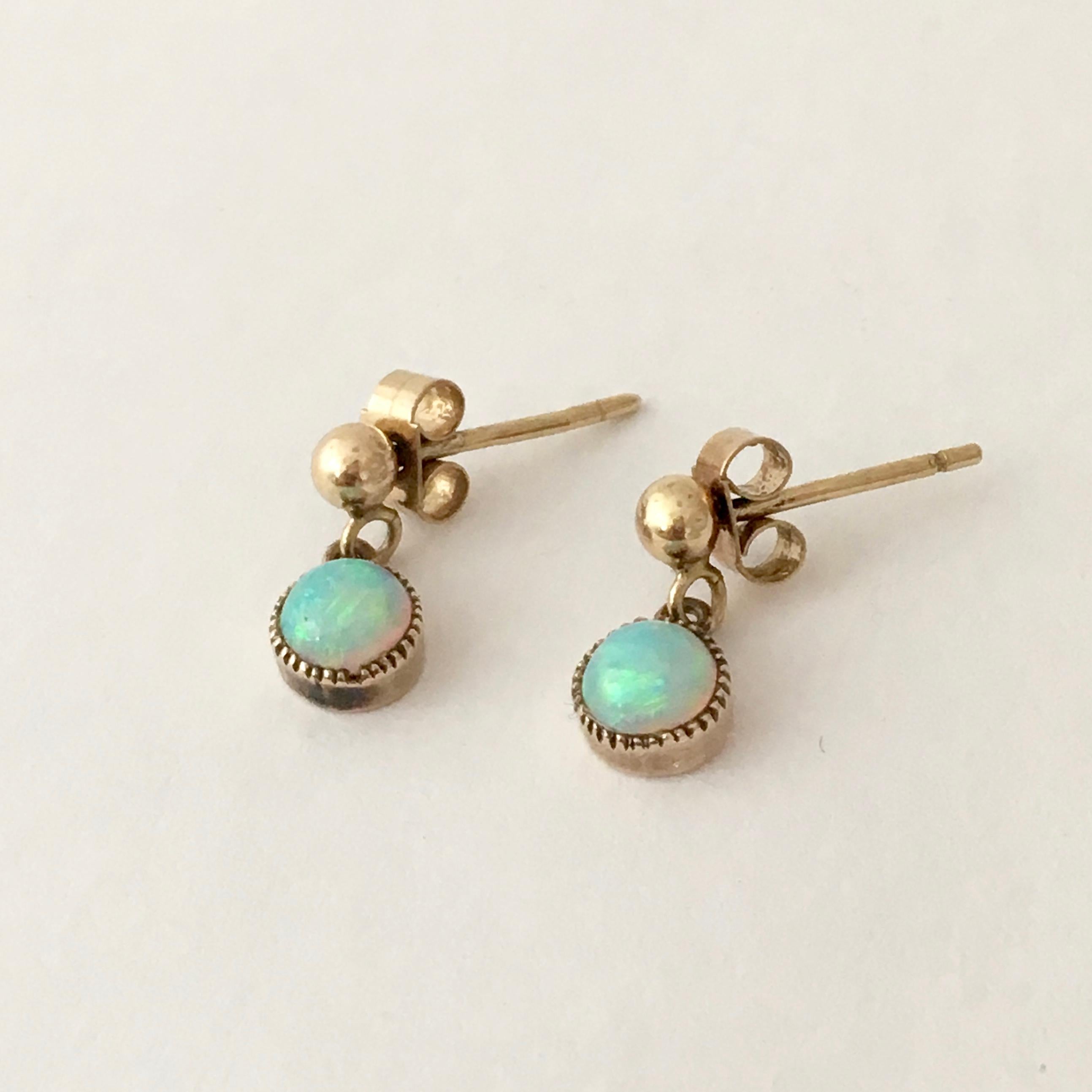 Women's Opal Vintage Jewelry Gold Cabochon Gemstone Drop Earrings Millegrain Stud