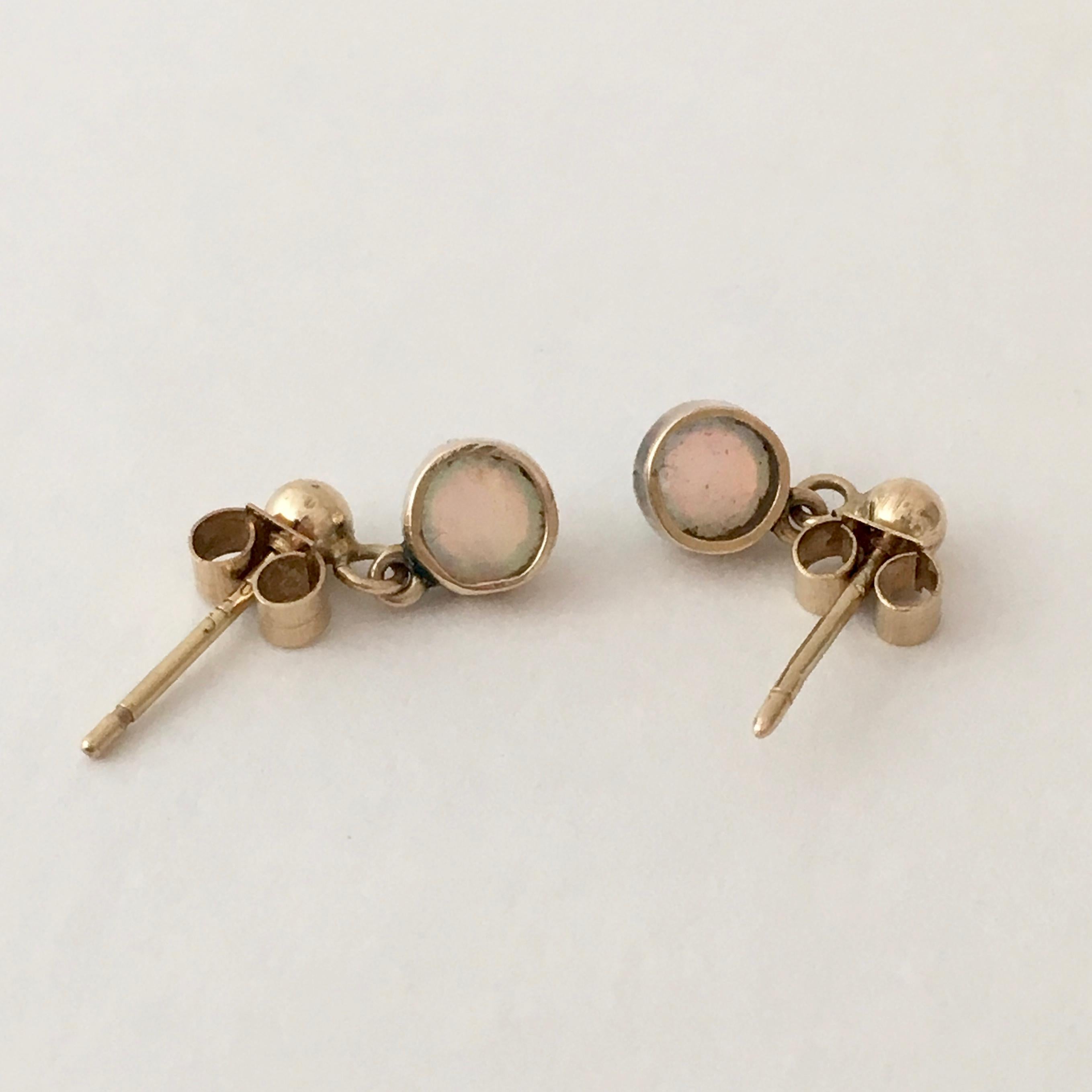 Opal Vintage Jewelry Gold Cabochon Gemstone Drop Earrings Millegrain Stud 1
