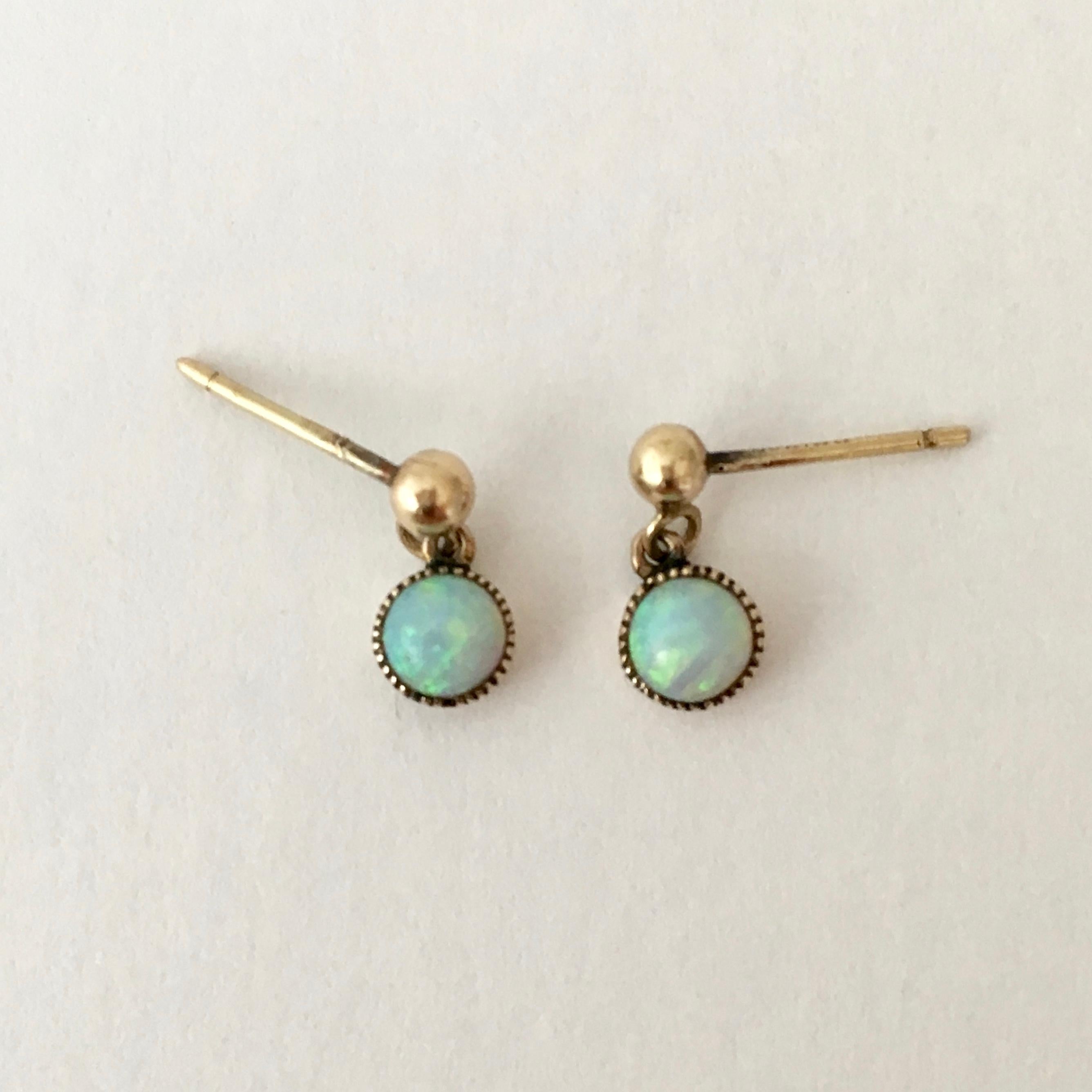 Opal Vintage Jewelry Gold Cabochon Gemstone Drop Earrings Millegrain Stud 3