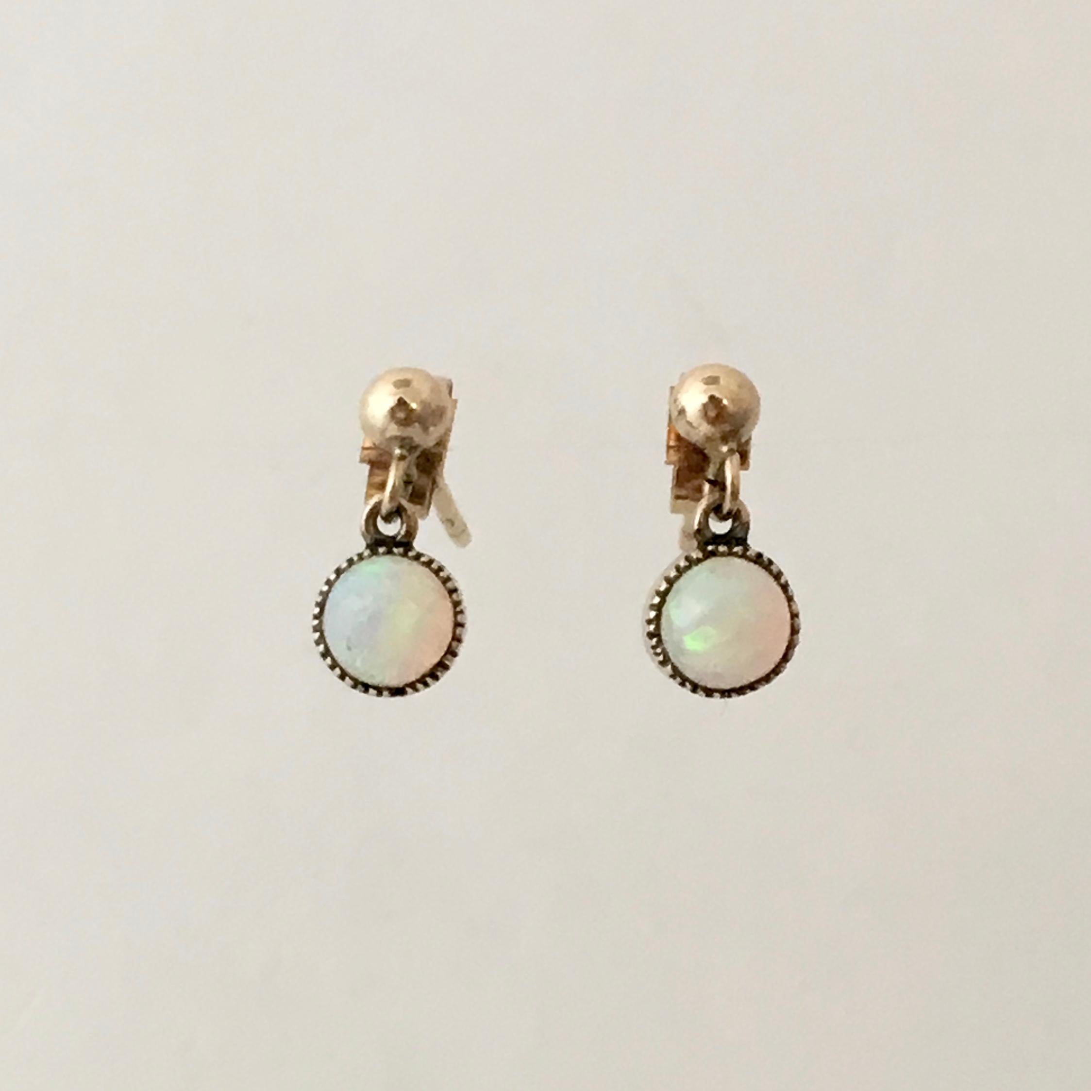 Opal Vintage Jewelry Gold Cabochon Gemstone Drop Earrings Millegrain Stud 4