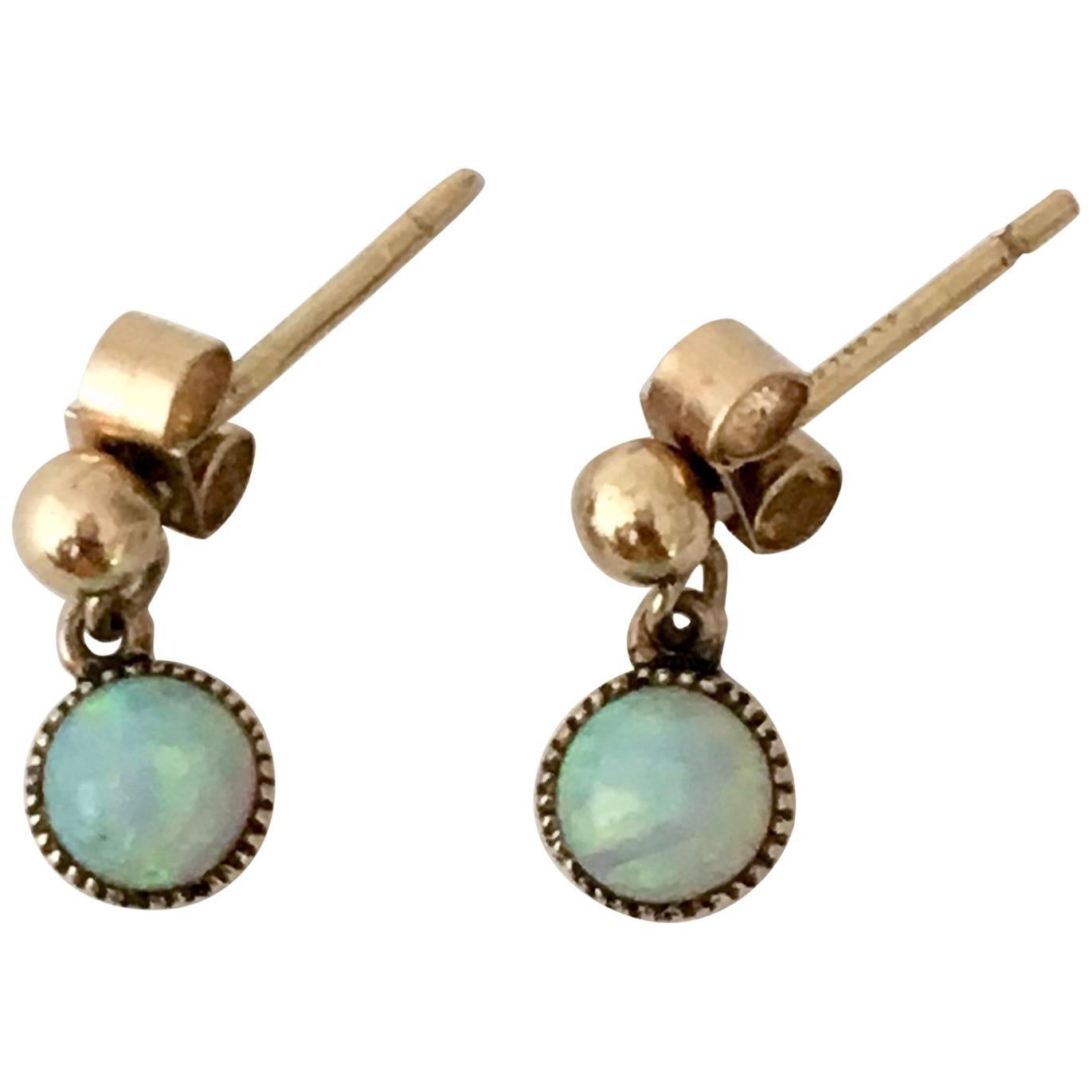 Opal Vintage Jewelry Gold Cabochon Gemstone Drop Earrings Millegrain Stud