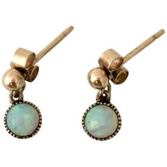 Opal Vintage Jewelry Gold Cabochon Gemstone Drop Earrings Millegrain Stud