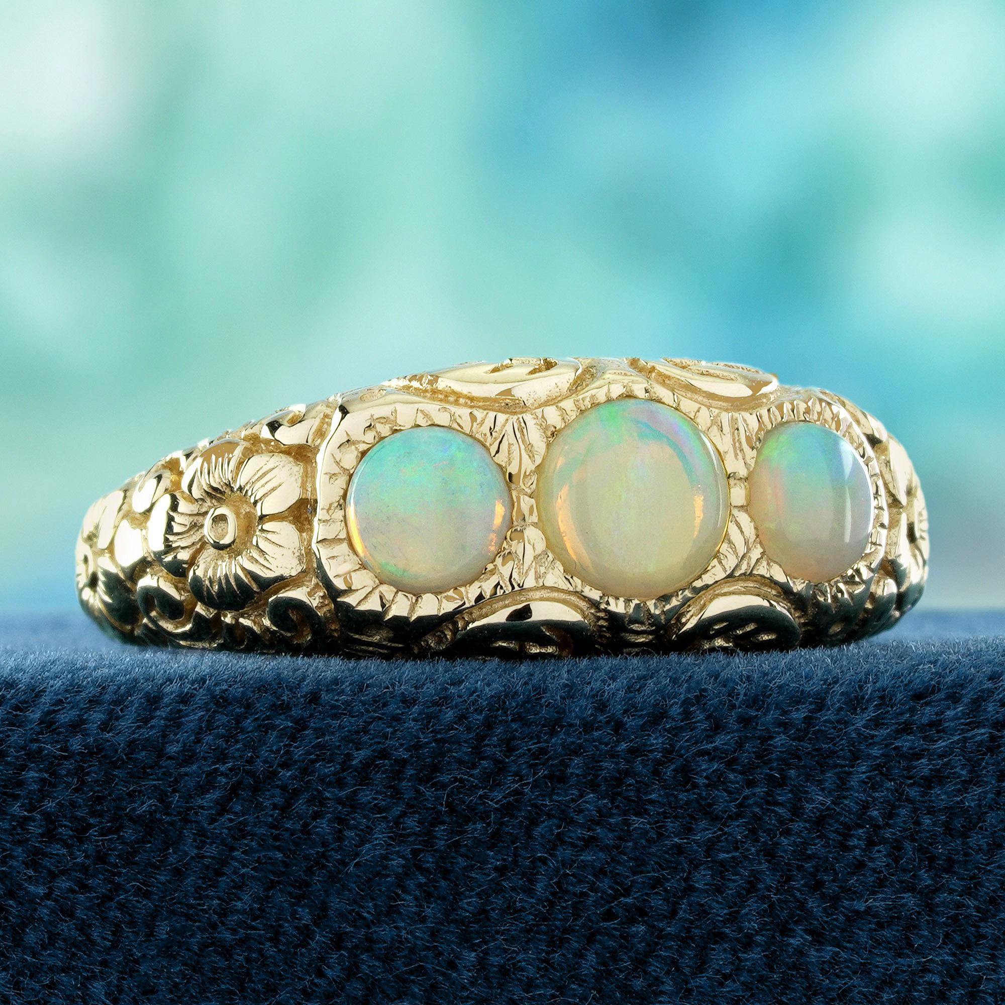 Edwardian Opal  Vintage Style Carving Three Stones Ring in Solid 9K Yellow Gold For Sale