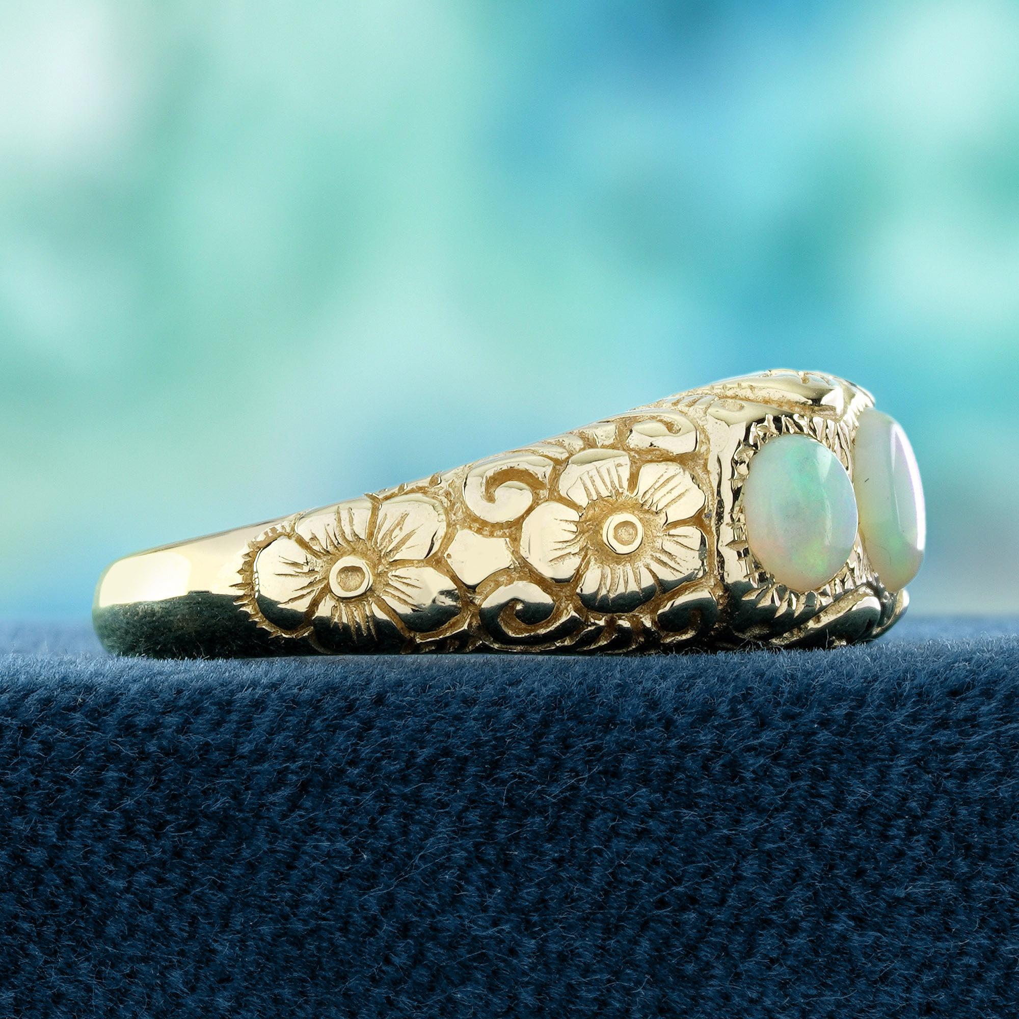 Round Cut Opal  Vintage Style Carving Three Stones Ring in Solid 9K Yellow Gold For Sale