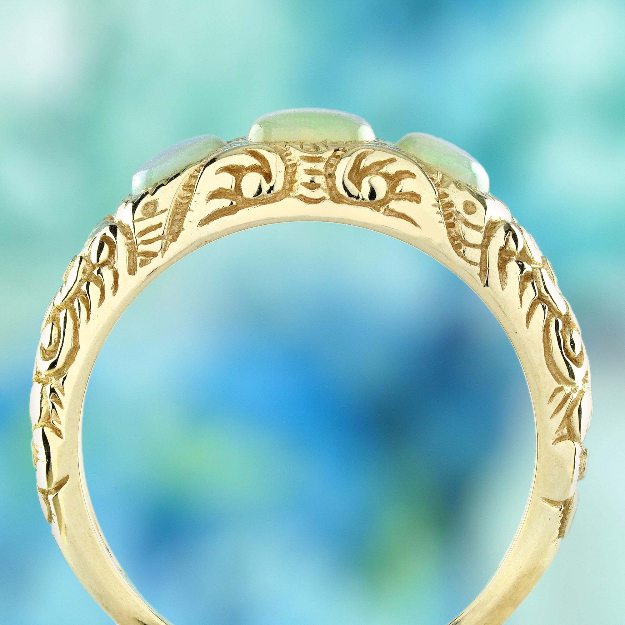 Opal  Vintage Style Carving Three Stones Ring in Solid 9K Yellow Gold In New Condition For Sale In Bangkok, TH