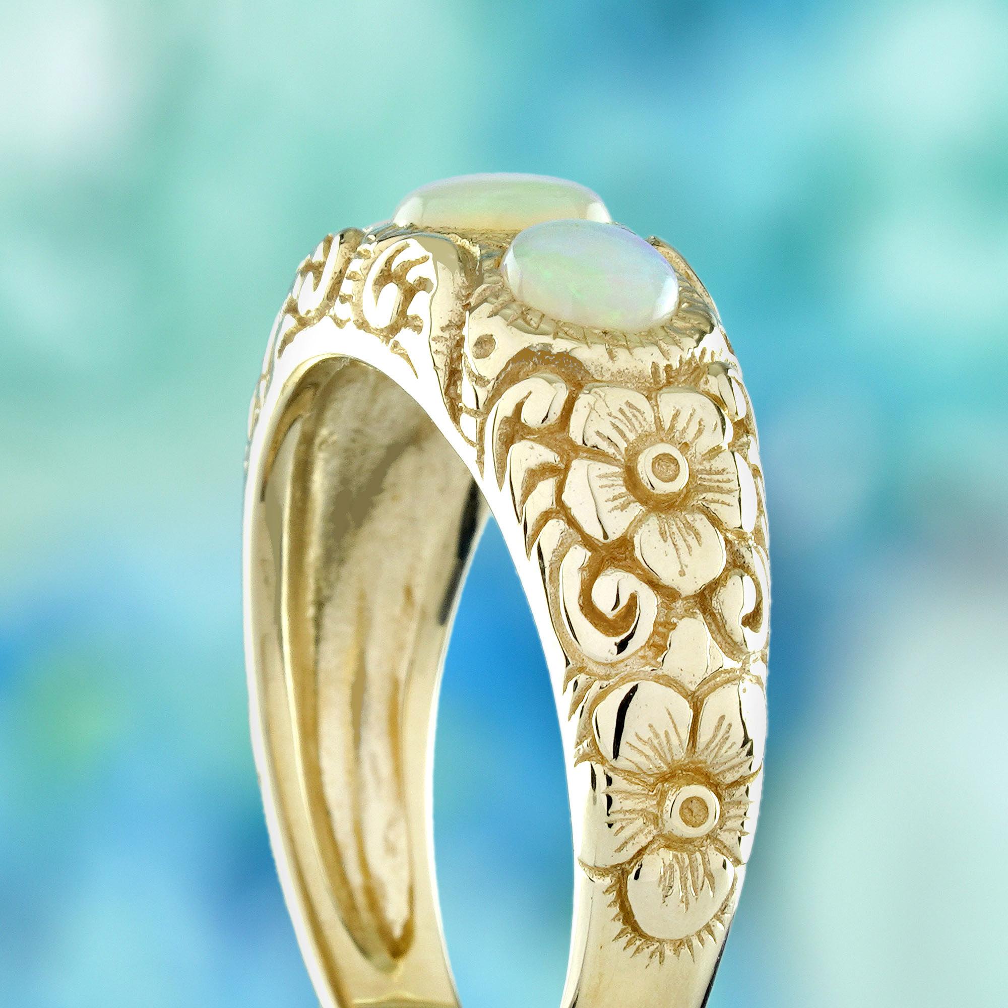 Women's or Men's Opal  Vintage Style Carving Three Stones Ring in Solid 9K Yellow Gold For Sale