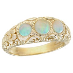 Opal  Vintage Style Carving Three Stones Ring in Solid 9K Yellow Gold