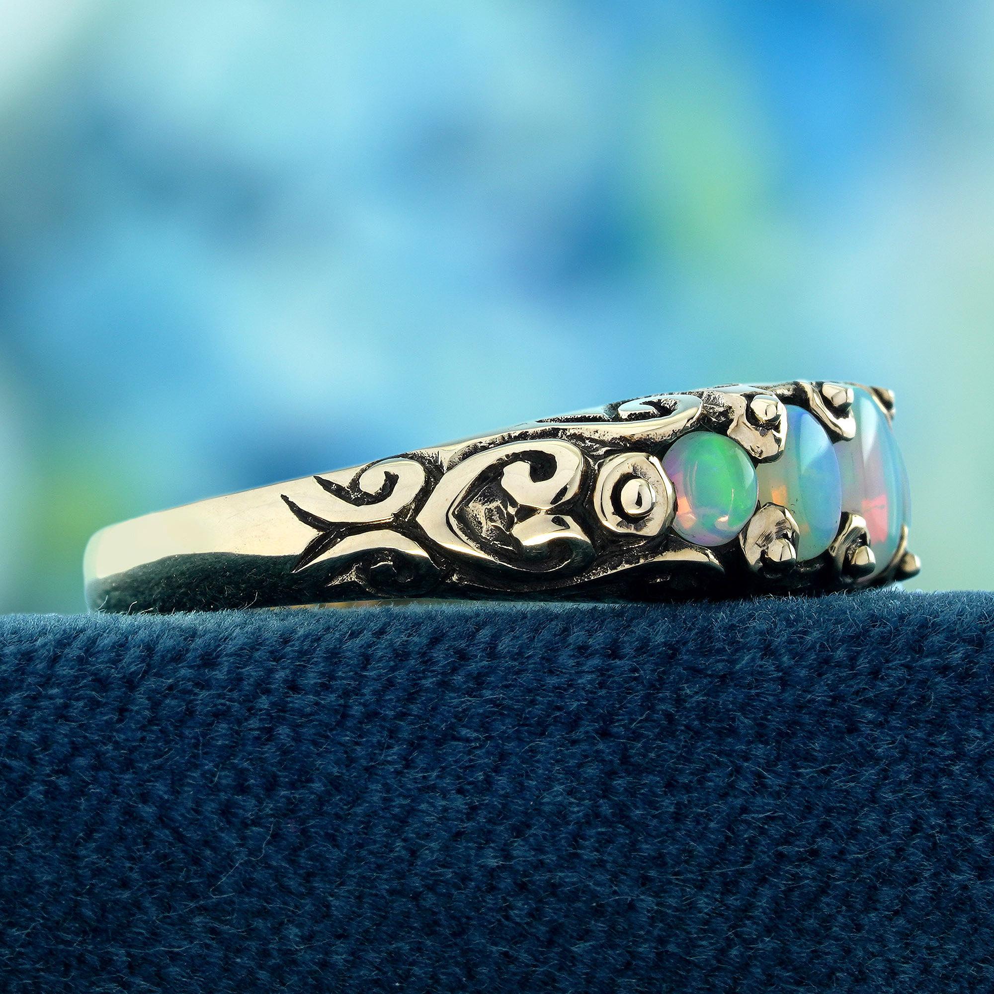 Taglio ovale Opal Vintage Style Five Stone Ring  in Solid 9K Yellow Gold in vendita