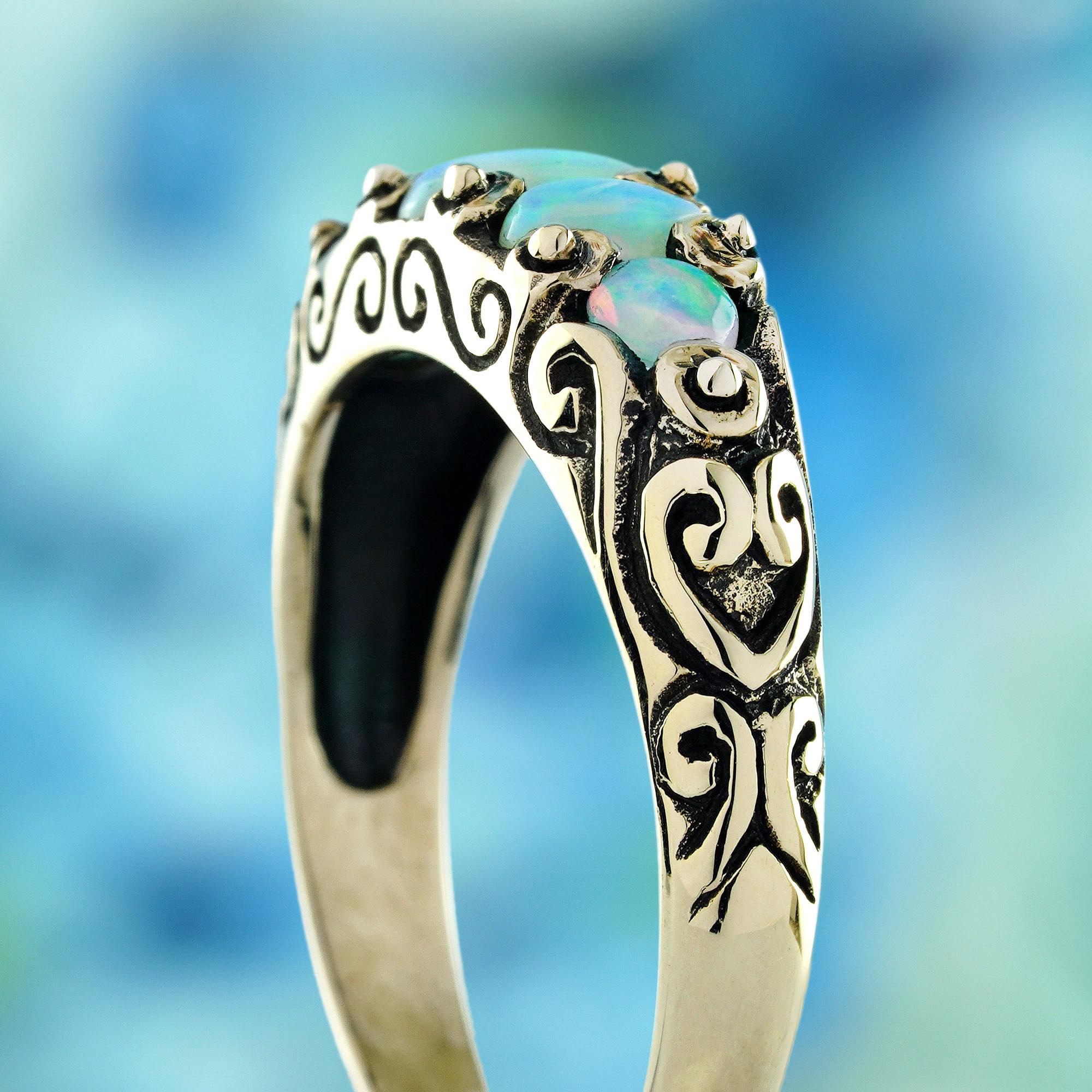 Donna Opal Vintage Style Five Stone Ring  in Solid 9K Yellow Gold in vendita