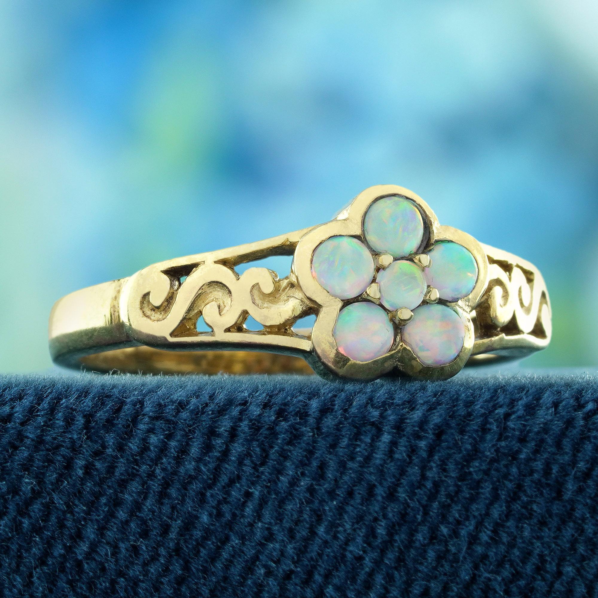 Edwardian Opal Vintage Style Floral Filigree Ring in Solid 14K Yellow Gold For Sale