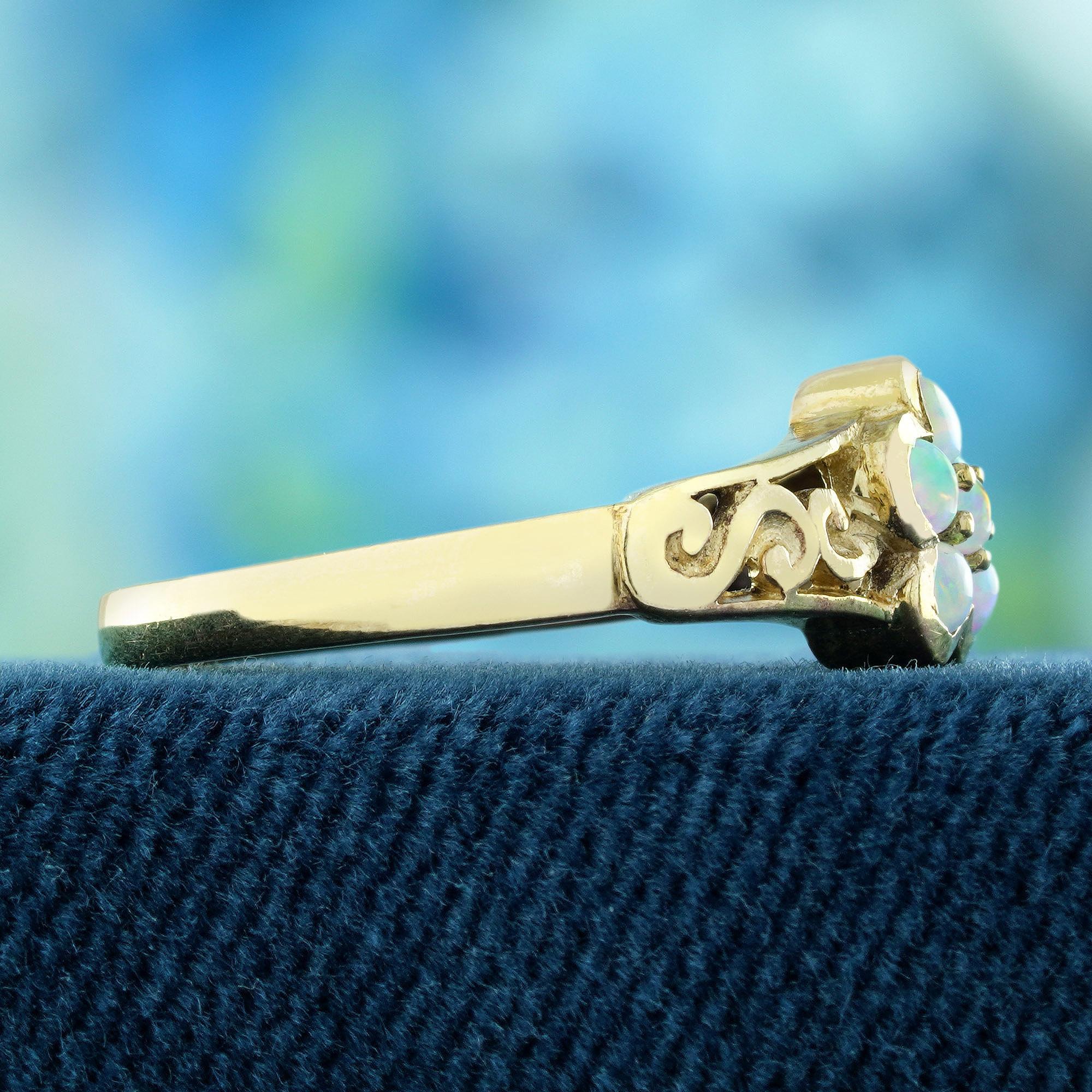 Round Cut Opal Vintage Style Floral Filigree Ring in Solid 14K Yellow Gold For Sale