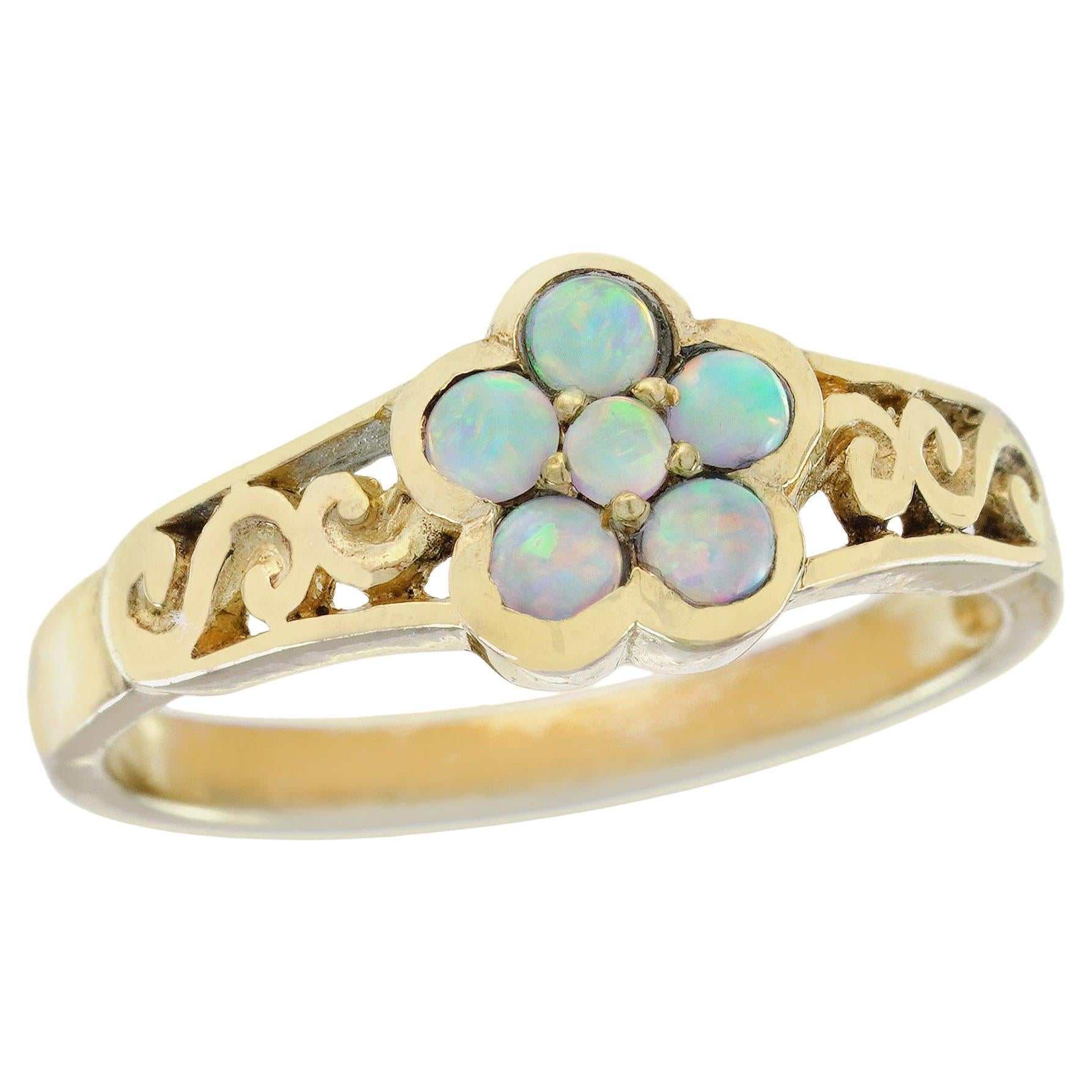 Opal Vintage Style Floral Filigree Ring in Solid 14K Yellow Gold For Sale