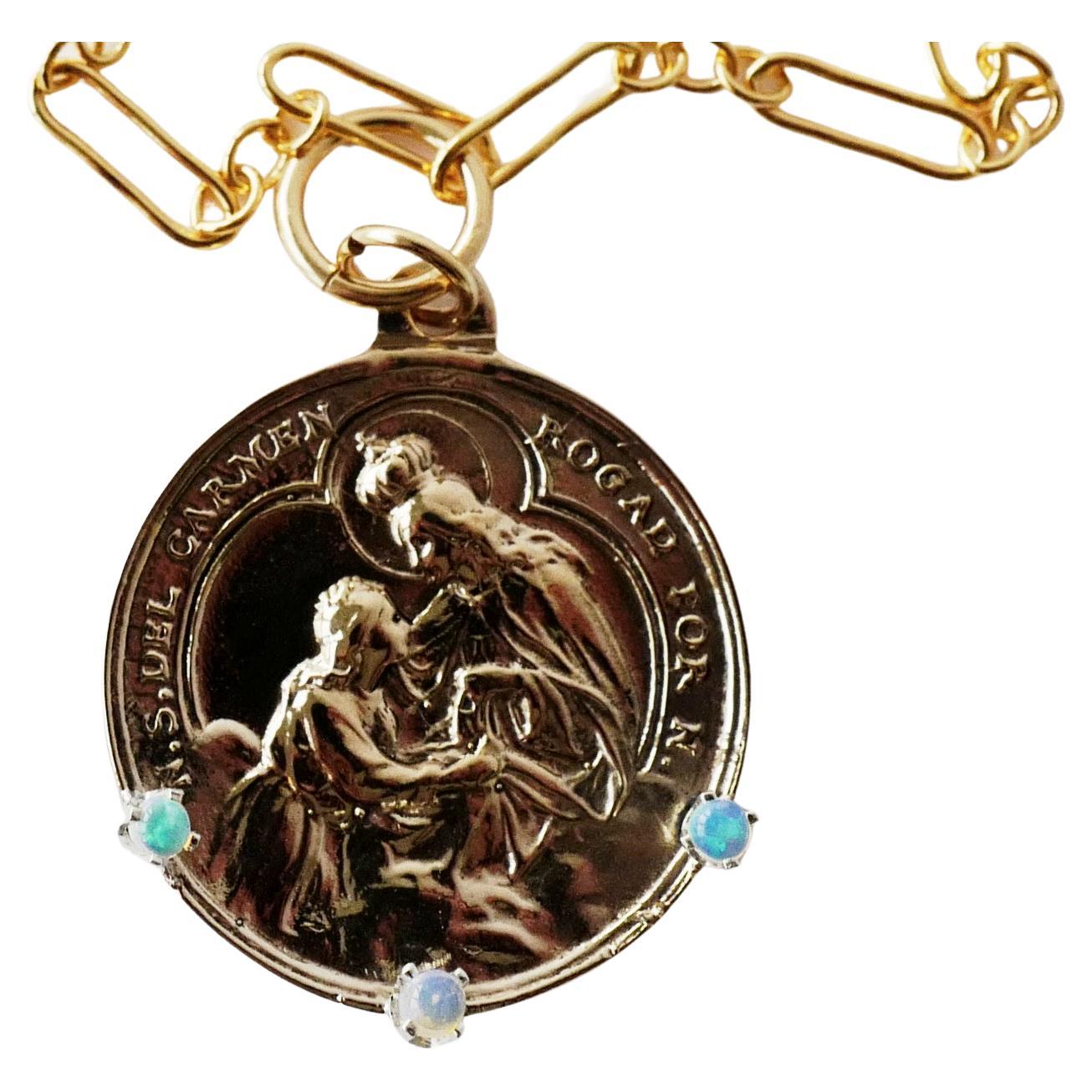 Chain Necklace Medal Virgin Mary Gem Opal Coin Pendant 24