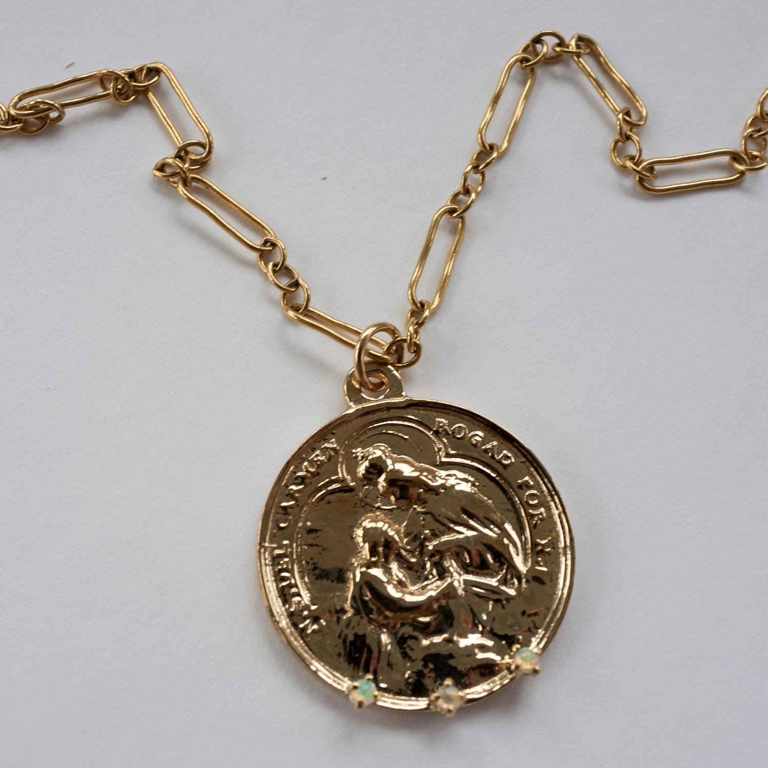 Contemporary Medal Virgin Mary Opal Coin Pendant Chain Necklace Gold Filled  J Dauphin For Sale