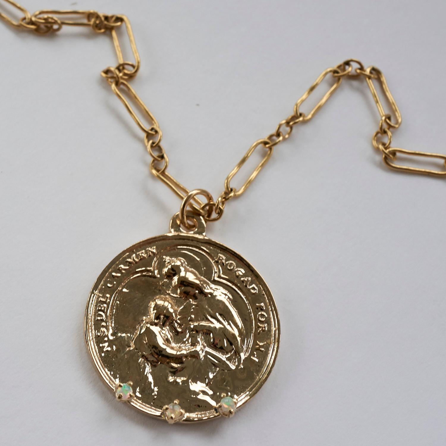 Brilliant Cut Medal Virgin Mary Opal Coin Pendant Chain Necklace Gold Filled  J Dauphin For Sale