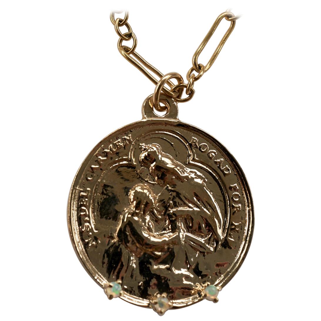 Medal Virgin Mary Opal Coin Pendant Chain Necklace Gold Filled  J Dauphin For Sale