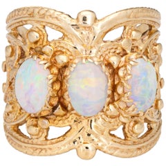 Opal Wide Band Cigar Ring Vintage 14k Yellow Gold Estate Jewelry