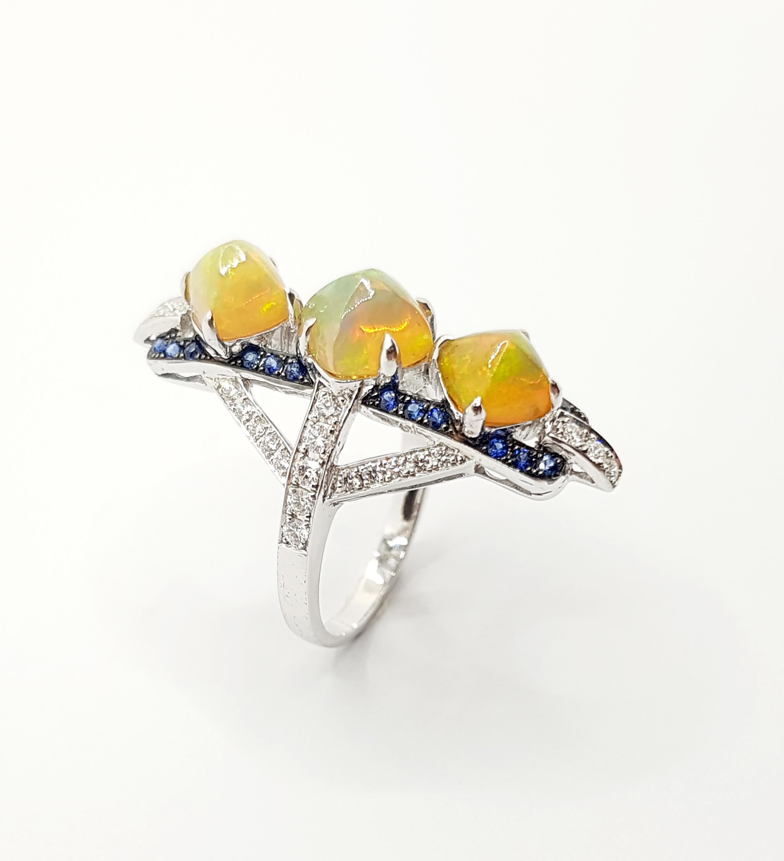 Opal with Blue Sapphire and Diamond Ring Set in 18 Karat White Gold Settings For Sale 3
