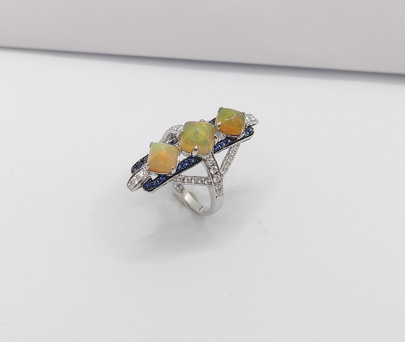 Opal with Blue Sapphire and Diamond Ring Set in 18 Karat White Gold Settings For Sale 5