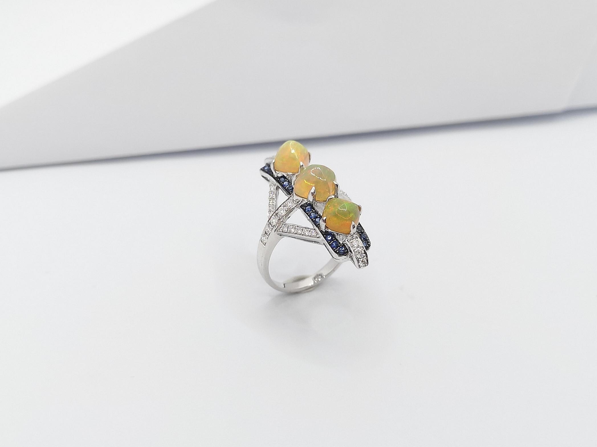 Opal with Blue Sapphire and Diamond Ring Set in 18 Karat White Gold Settings For Sale 8