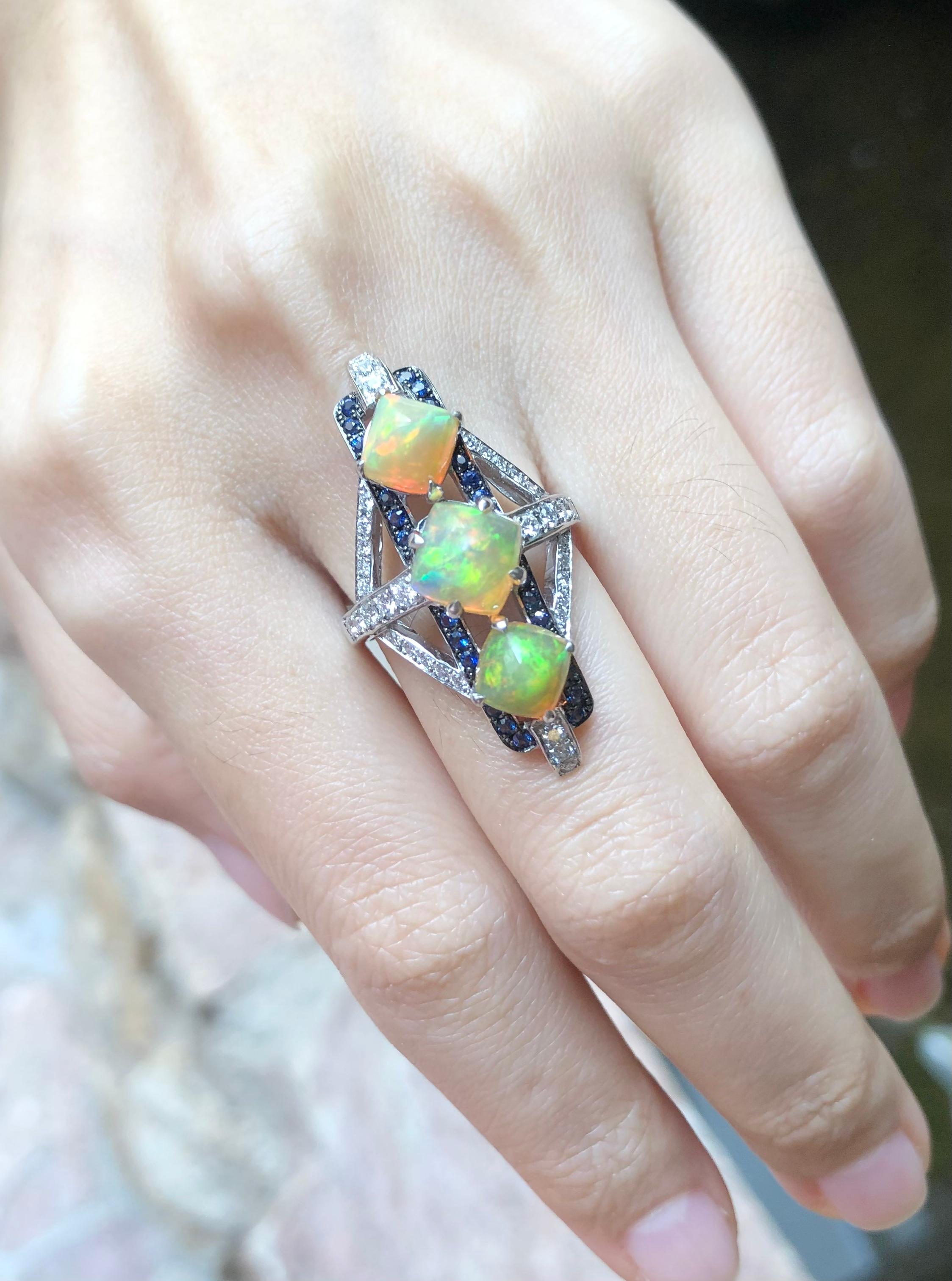 Mixed Cut Opal with Blue Sapphire and Diamond Ring Set in 18 Karat White Gold Settings For Sale