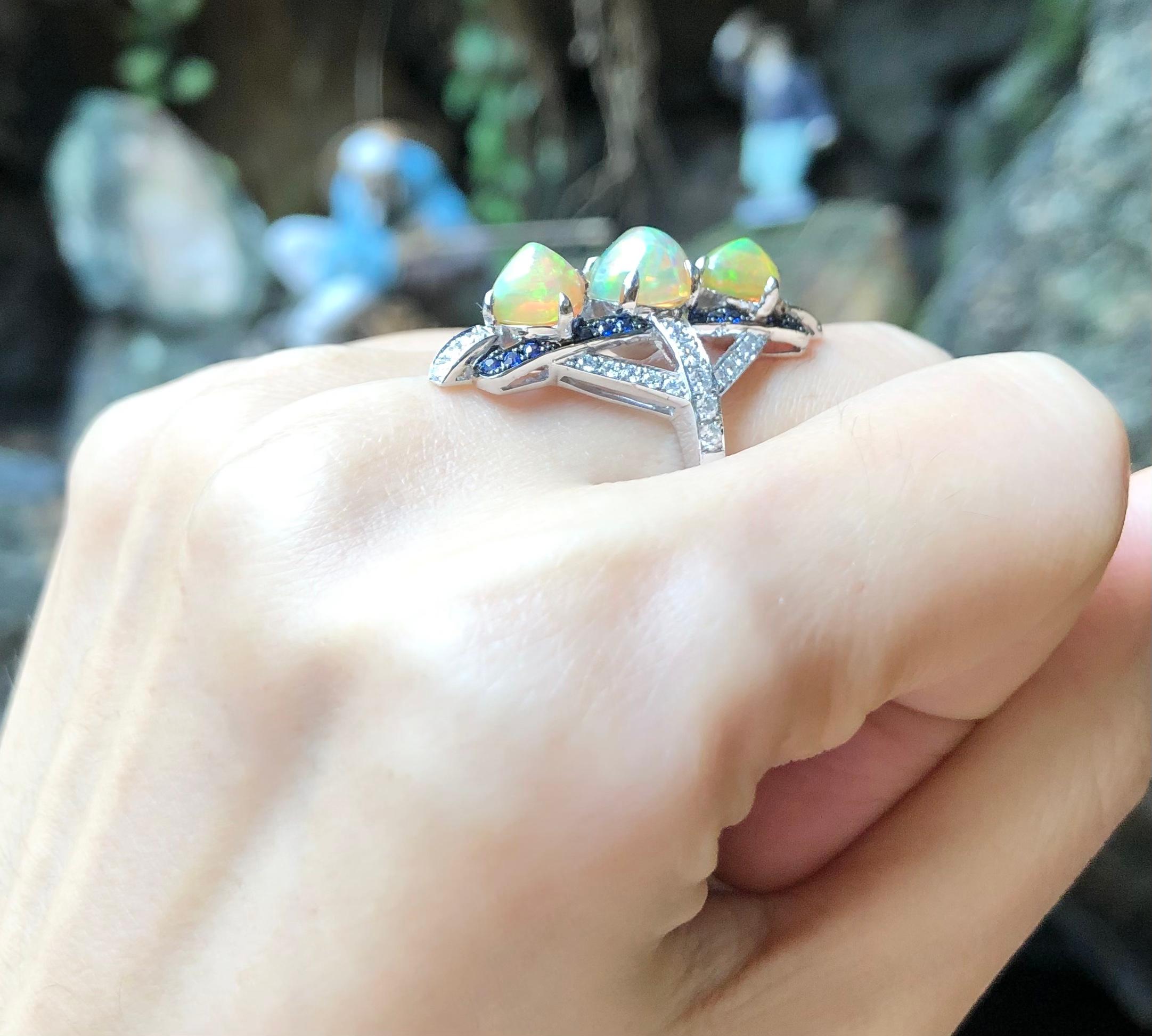 Women's Opal with Blue Sapphire and Diamond Ring Set in 18 Karat White Gold Settings For Sale