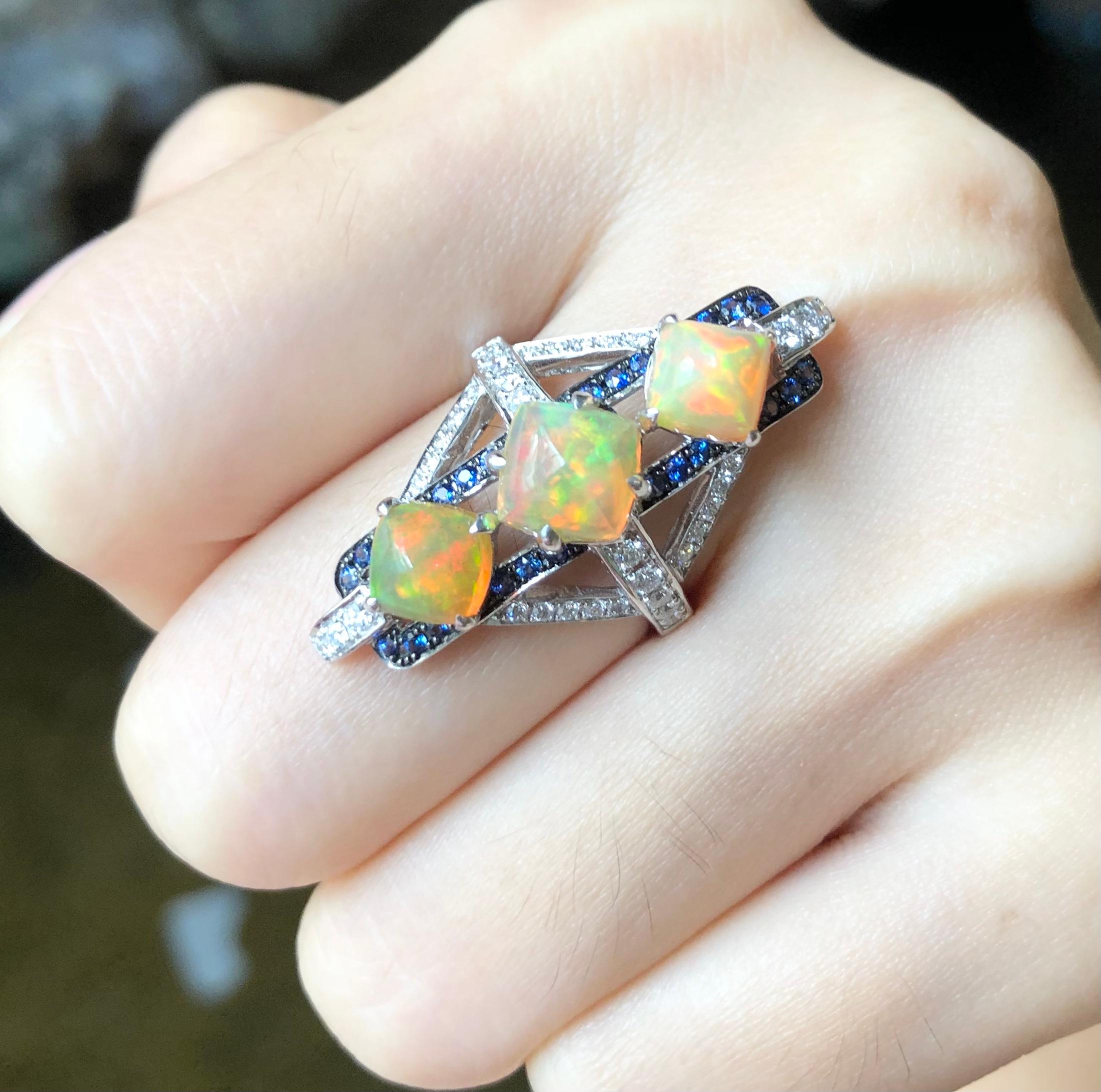 Opal with Blue Sapphire and Diamond Ring Set in 18 Karat White Gold Settings For Sale 1