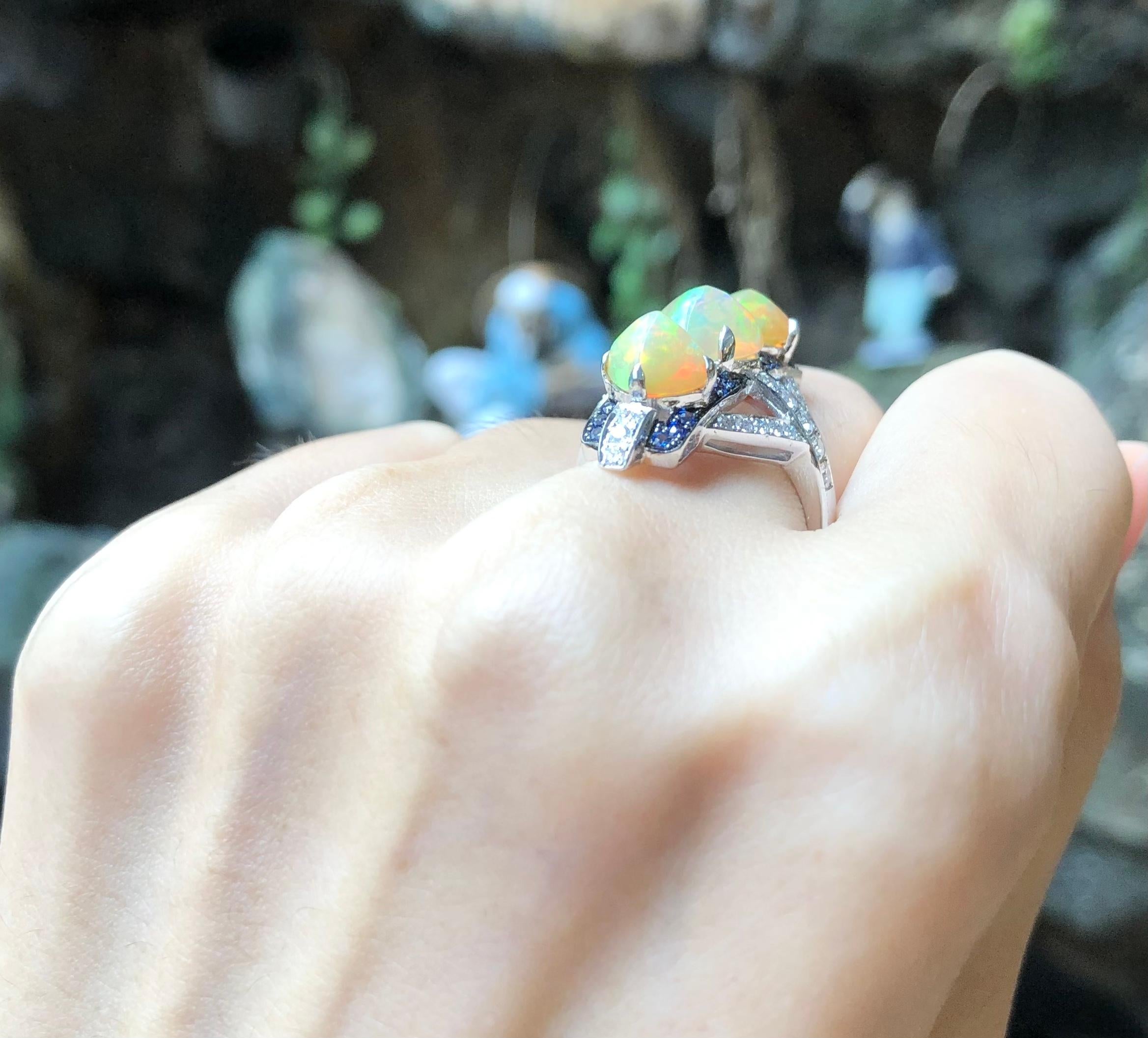 Opal with Blue Sapphire and Diamond Ring Set in 18 Karat White Gold Settings For Sale 2